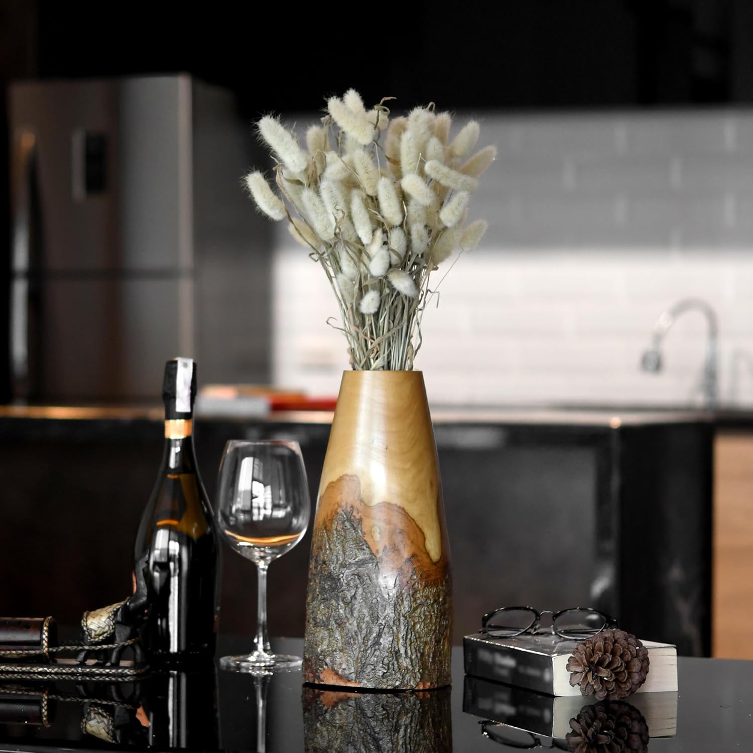 AeraVida Natural Bark Mango Wood Flower Vase | 12 Inch Tall Handmade Eco-Friendly Decorative Table Vase for Dried or Silk Flowers | Rustic Brown Round Wooden Vase for Home Living Room or Office Decor