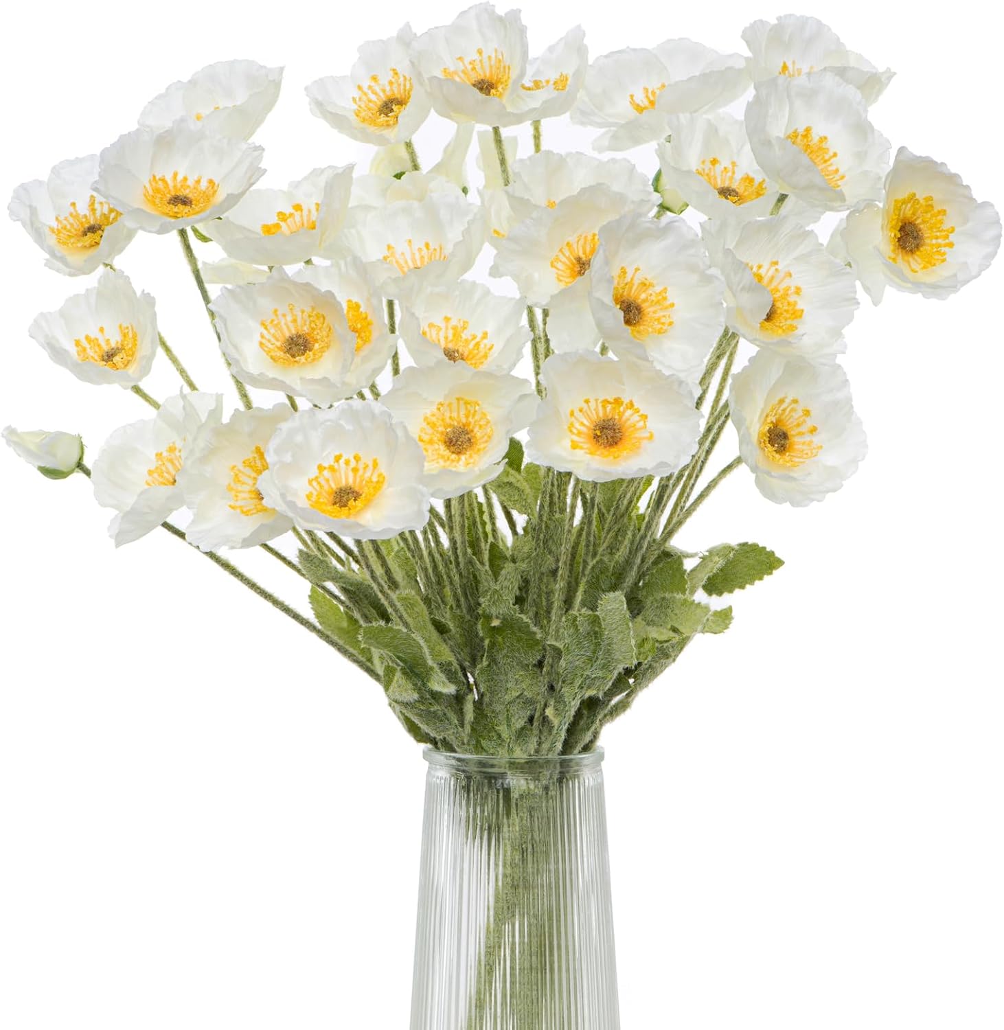 Artificial Poppies, White Silk Poppies Artificial Flowers - 24x Blooming California Poppy Flower Artificial Plus 8X Buds for Home Decoration, WHWH8