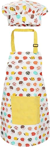 Jennice House - Juego de delantal y gorro de chef para niños con correa ajustable para el cuello y bolsillos para niños y niñas para cocinar