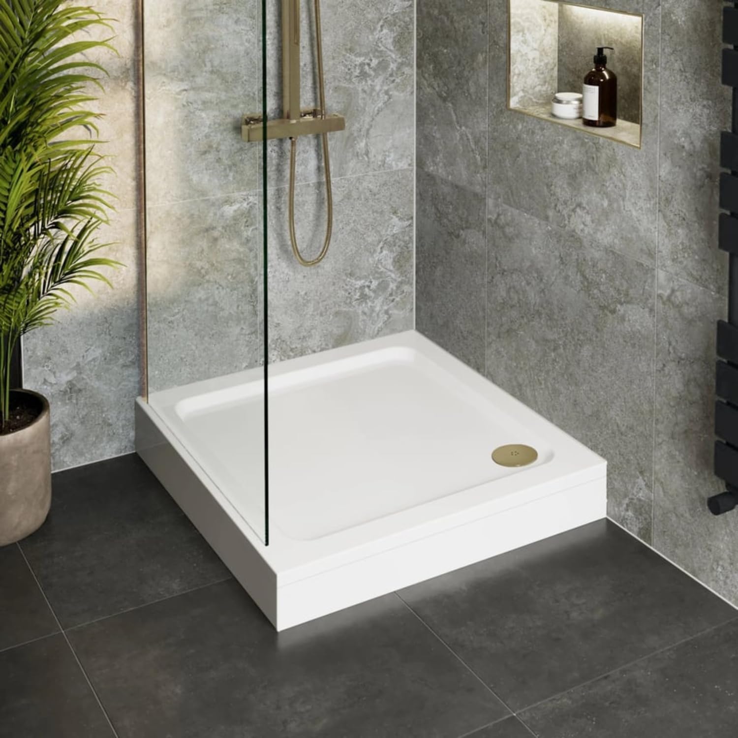 Hydrolux® 800 x 800 x 140mm White Bathroom Shower Tray for Enclosures Cubicles & Wet Room with Brushed Brass Waste + Riser Kit, Square