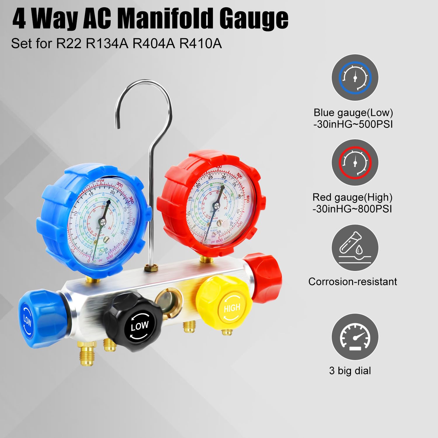 AC Manifold Gauge Set, 4 Way HVAC R134a R404a R410a Refrigerant Charging Tool Kit, with Hoses Coupler Can Tap Adapter Case, for Residential Auto Air Conditioner Diagnostic Test and Recharge