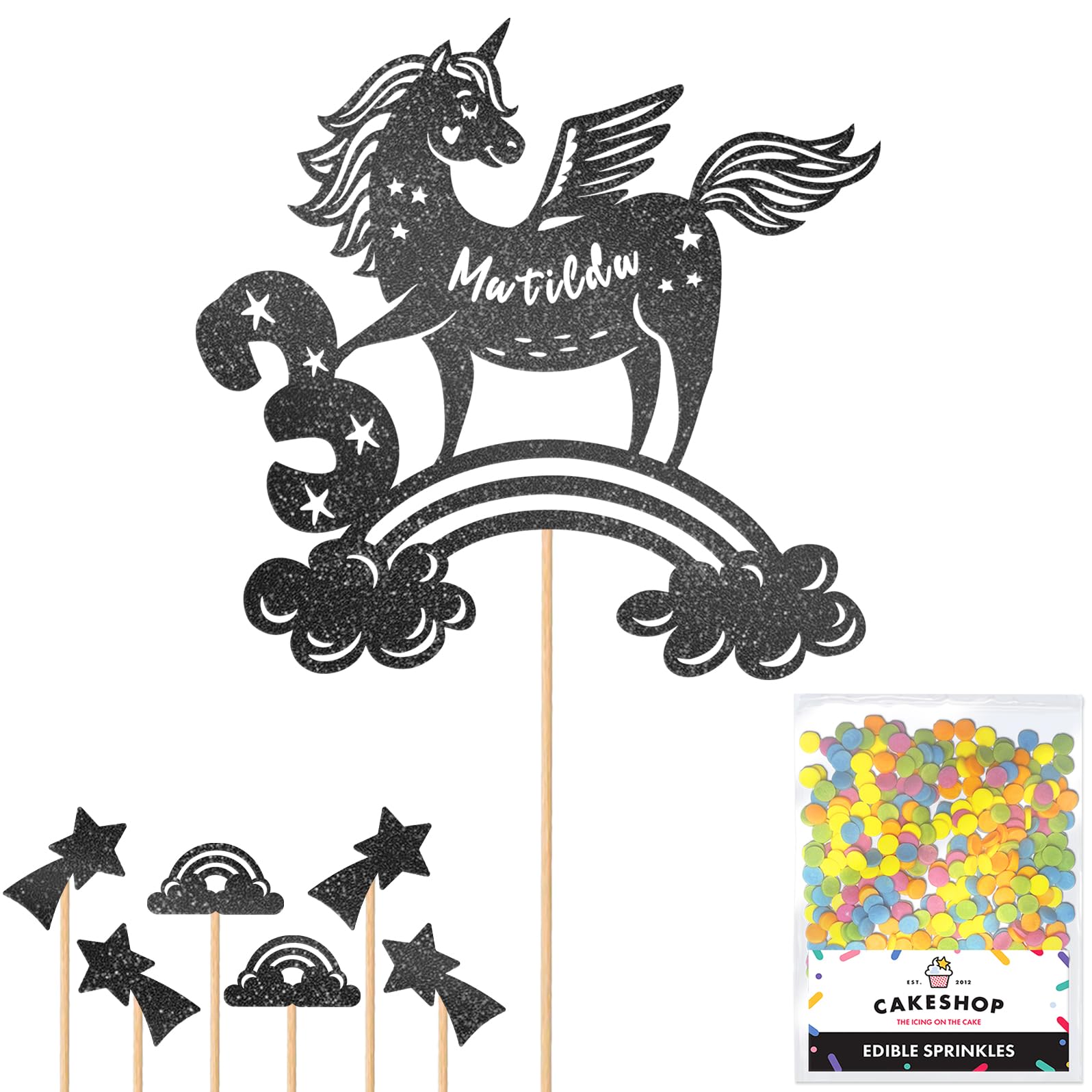 Personalised Unicorn Glitter Cake Topper- Black Any Custom Age & Name Glitter Cake Decoration and Sprinkles - Happy Birthday Decorations - Personalised Toppers for Cakes by Cakeshop