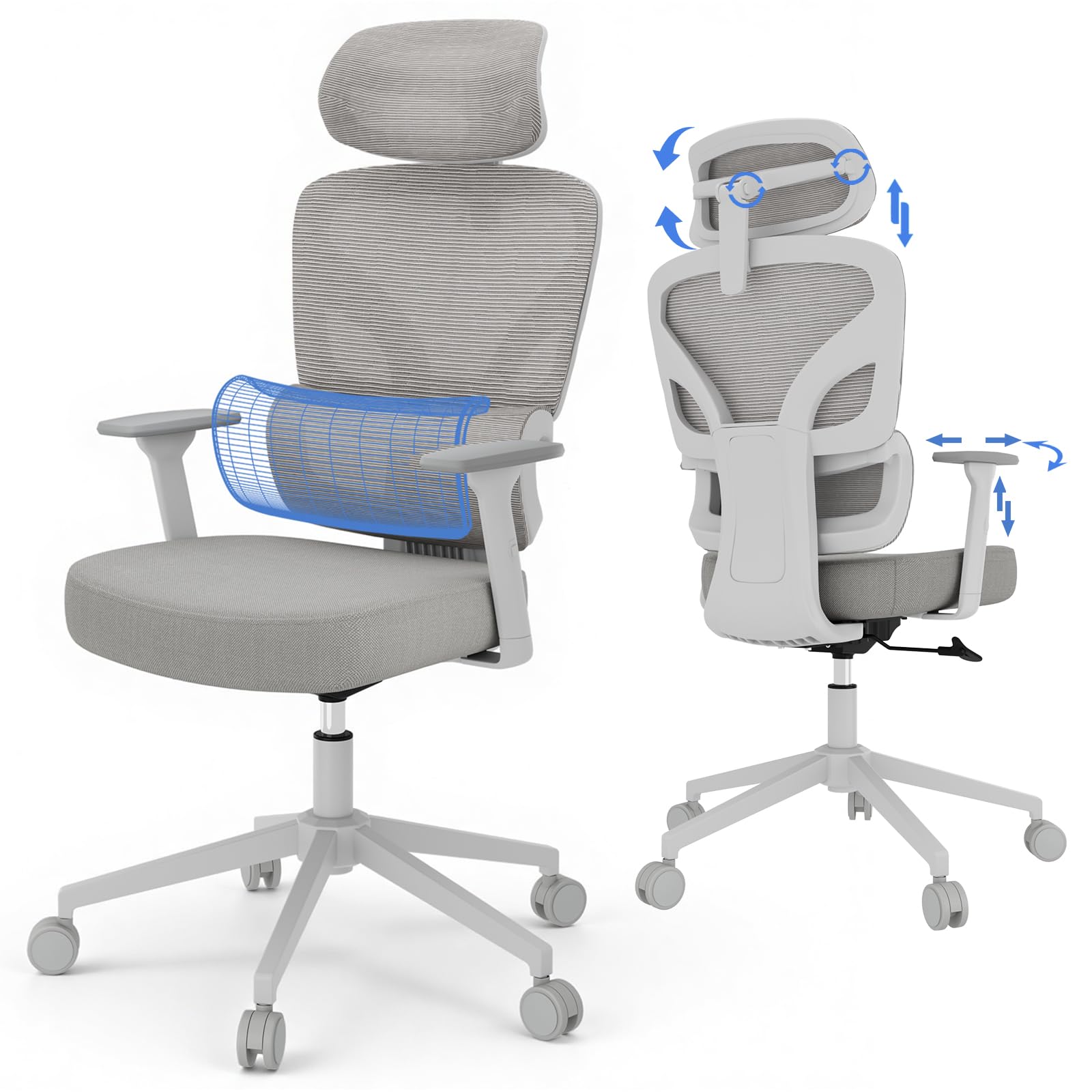 DSNAPE Ergonomic Computer Gaming Chair, Office Chair with 3D Adjustable Armrests and Removable Head for Home Office, Breathable Mesh Back Gaming Chair, Load Capacity 135kg, Grey