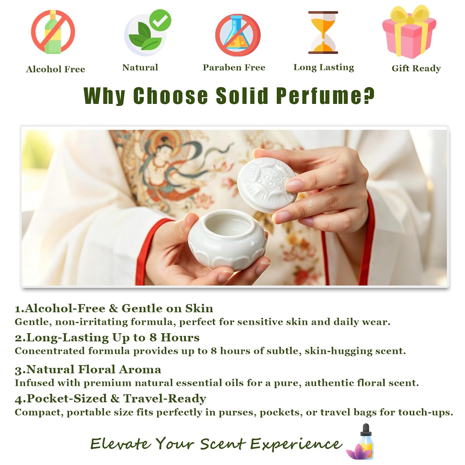 Banami Solid Perfume Set, 3-Pack, White Tea Green Tea Darjeeling, Alcohol-Free, Portable Ceramic Jars (Tea Elegance)