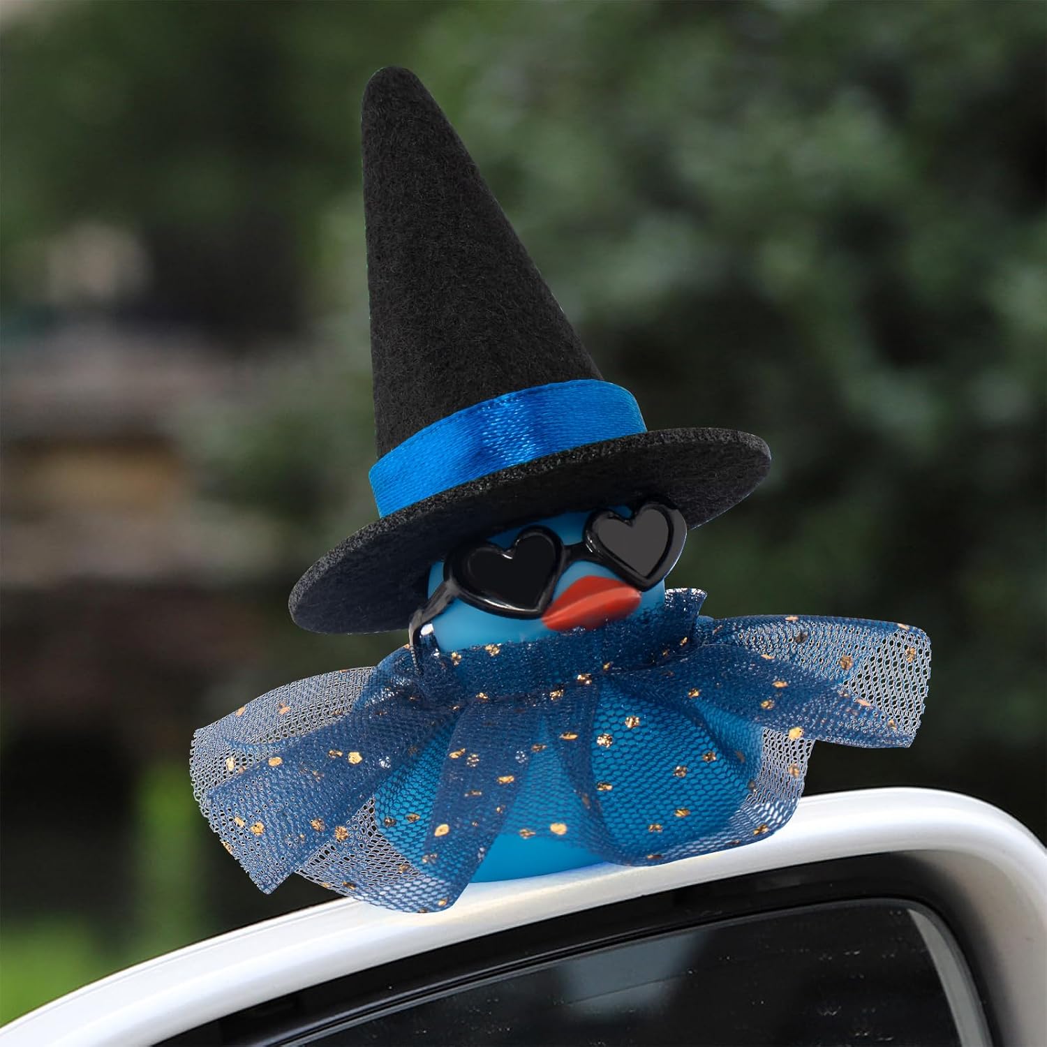 wonuu Car Dashboard Witch Colorful Rubber Ducks for Halloween, Decorations Duck for Office Desk Ornament Accessories with Hat Glasses Skirt (Blue)