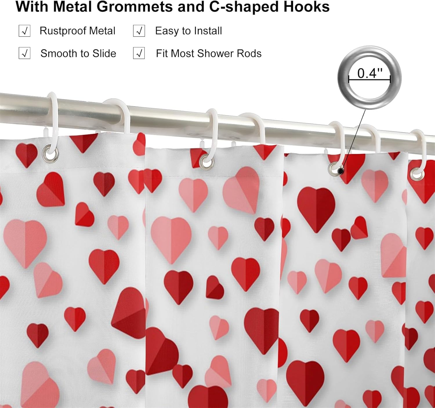 AOFOTO Pink Red Heart Shower Curtains Modern Romantic Valentine's Day White Shower Curtain for Bathroom Falling Hearts Printed Polyester Shower Curtain Bathroom Decor Accessories Set 72x78 Inch