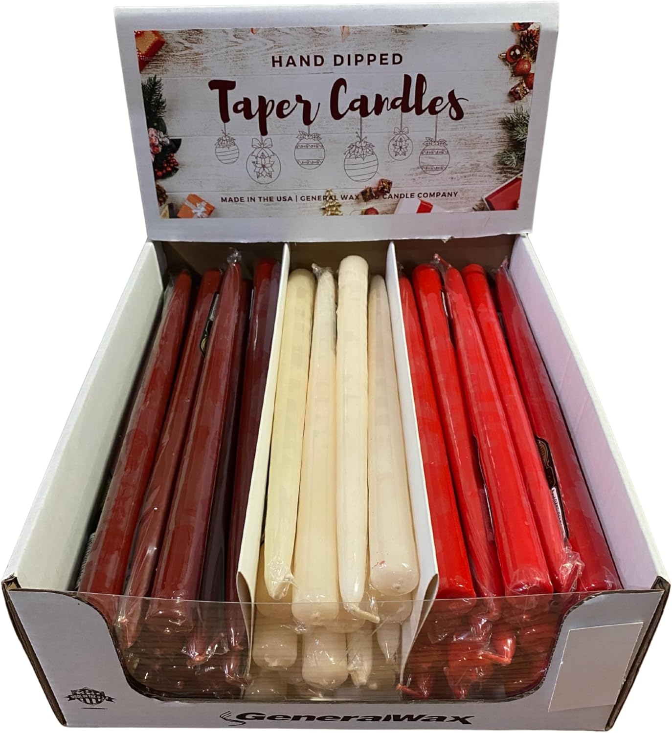 12" Taper Candle Displayer - Dripless & Smokeless – Made in USA – Premium Wax – Perfect for The Holiday Season, Christmas Décor & Gift Shops, 72 Piece, Burgudny, Ivory & Red