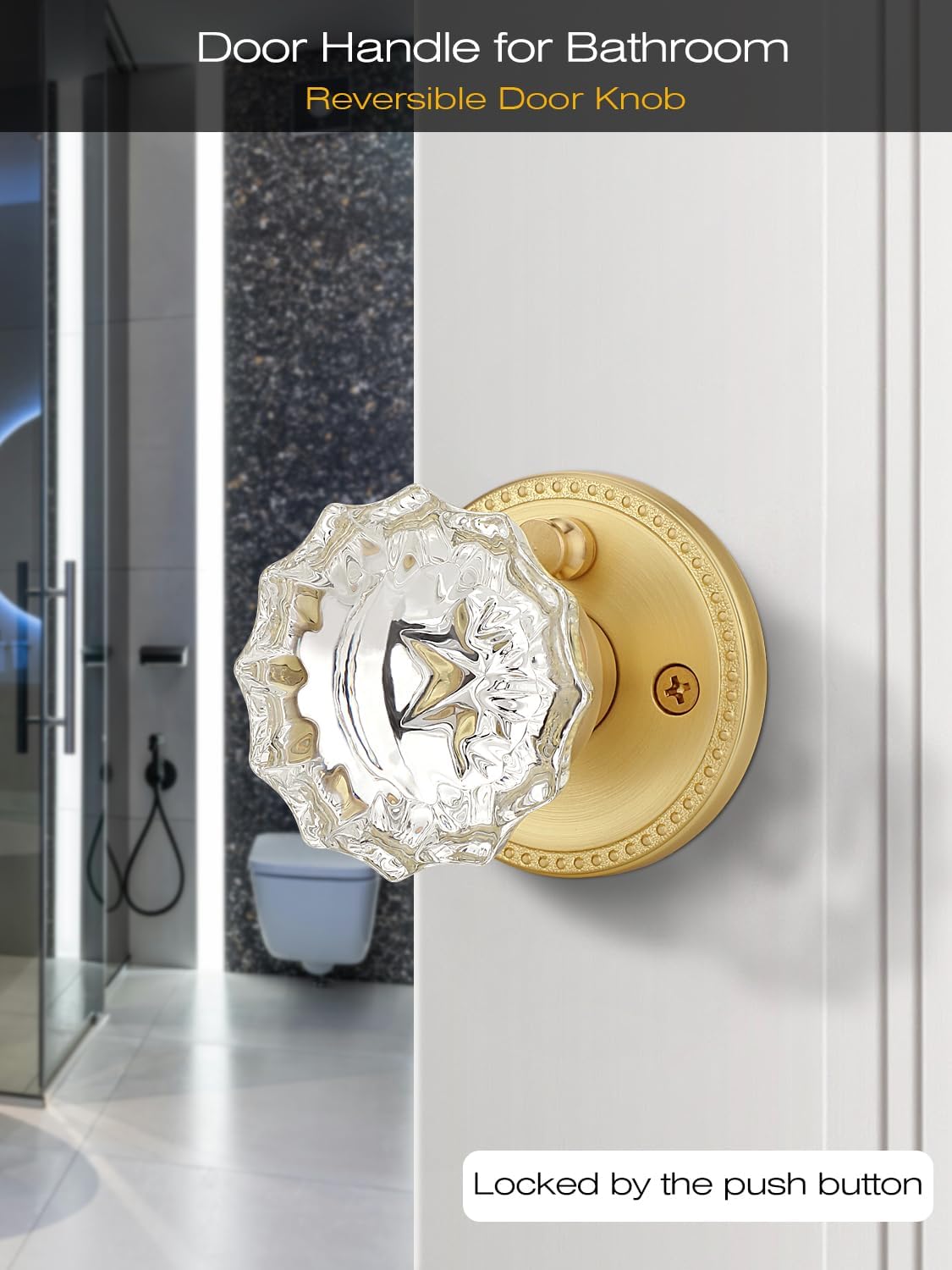 EHOMEWARE 1 Pack Glass Door Knobs Interior, Door Locks for Bedroom, Bathroom Gold, Keyless Privacy Door Levers, Clear Crystal Door Knobs, Universal for Left & Right Sided Doors