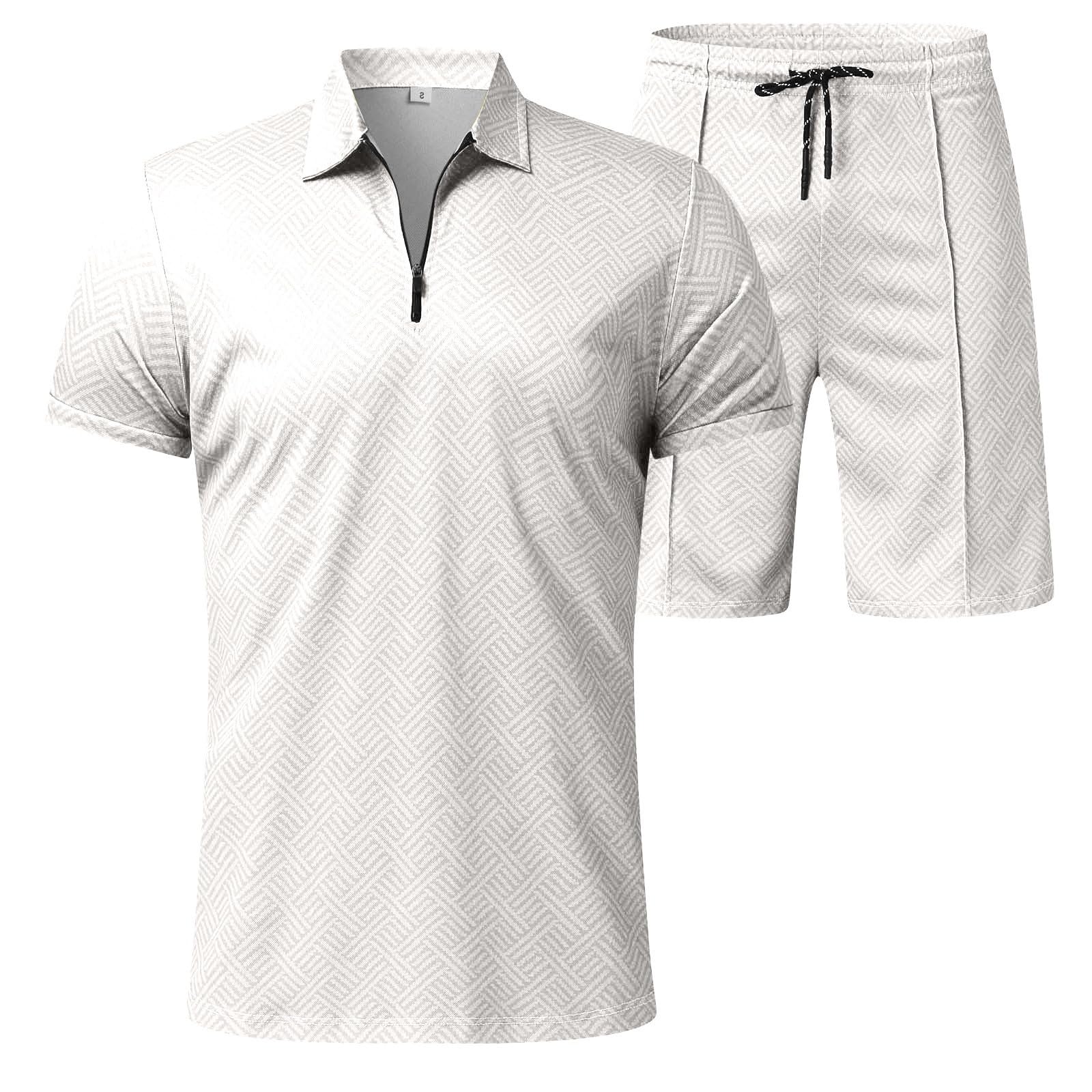 2 Teiler Herren Sommer Outfit Zweiteiler Trainingsanzug Kurzarm Reißverschluss Poloshirt und Kurze Hose Set Kleidung Sportanzug Casual Jogginganzug Freizeitanzug Sport Anzug