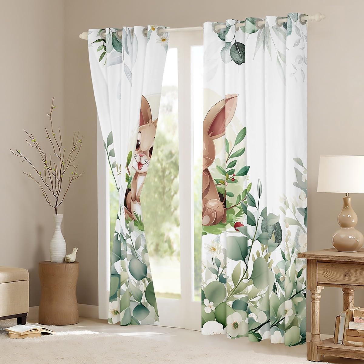 Kawaii Rabbit Blackout Curtains for Boys Girls Cartoon Bunnies Curtains, Eucalyptus Leaves Curtains & Drapes Jungle Wildlife Animals Living Room Curtains, Tropical Botanical Plants Window Curtains