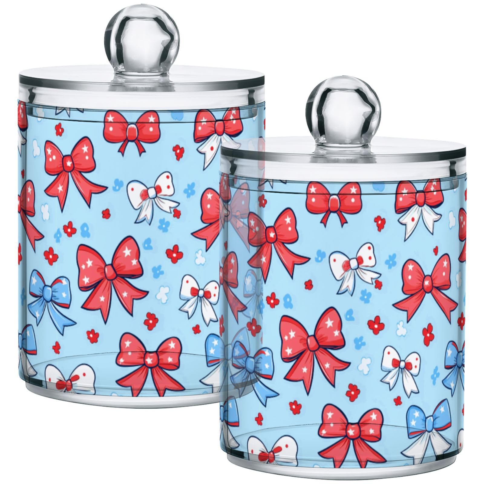 Gredecor 4 Pack Qtip Holder Clear Red Blue Bows Cherry Stars (5) Apothecary Jars with Lids Acrylic Bathroom Jars Vanity Countertop Canister Storage Organizer for Cotton Ball,Swabs,Pads,Floss