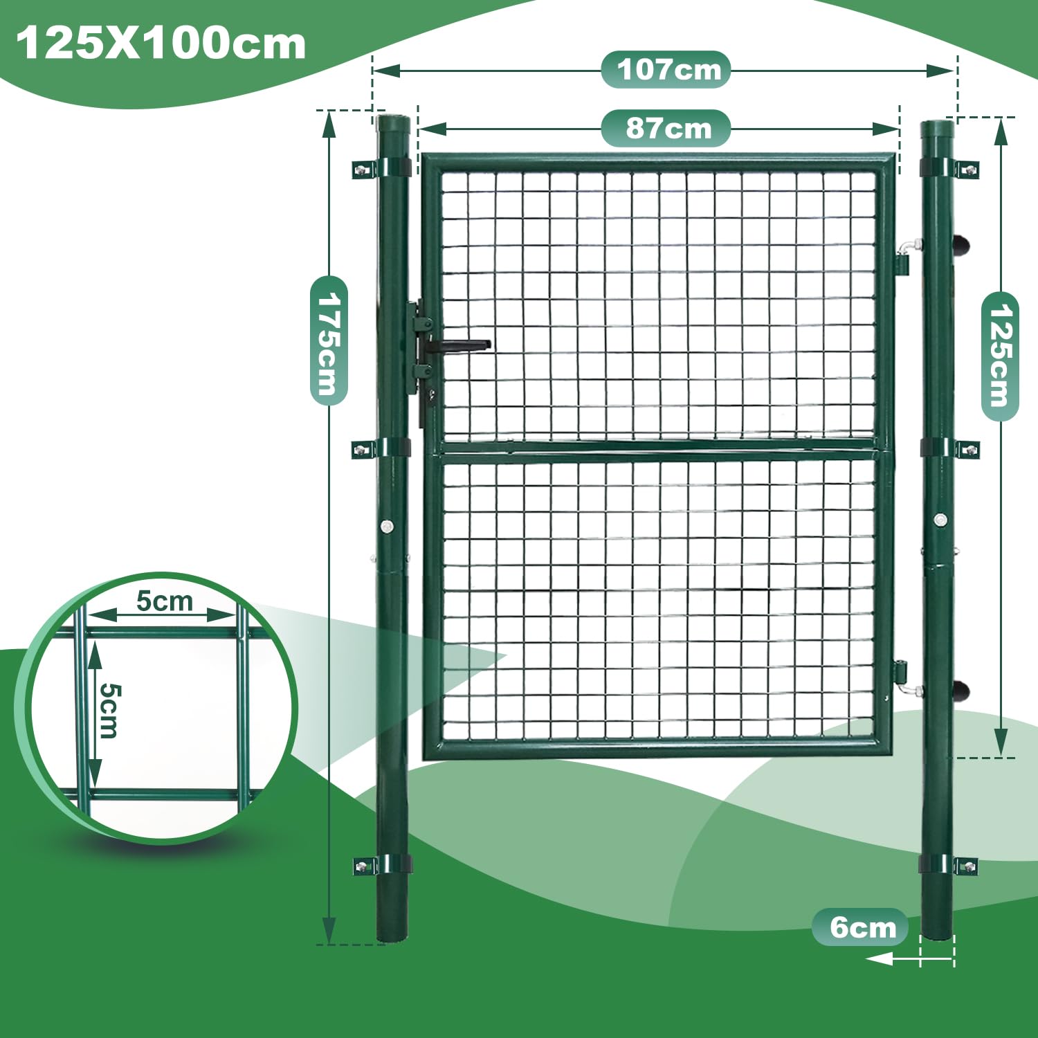 Cancello da giardino, 125 x 100 cm, verde, in acciaio zincato, con maniglia e 3 chiavi, resistente alle intemperie, robusto e durevole