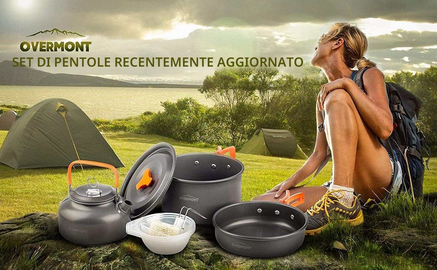 OVERMONT 14 PCS Campeggio Pentole Utensili Set da Cucina Outdoor Bollitore Padella Pentola Portabile per Picnic Campeggio Trekking Escursione 1-3 Persone