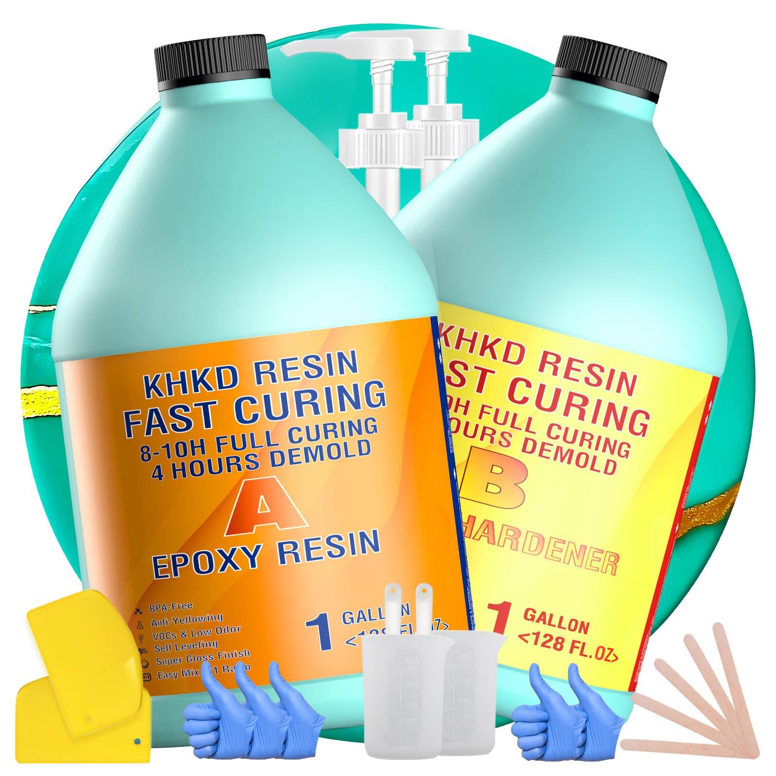 Epoxy Resin Kit - 2 Gallon Fast Cure Epoxy Resin, KHKD RESIN Quick Dry Resina Epoxica Upgrade 4 Hours Unmould,Clear High Gloss Epoxy, Odorless Art