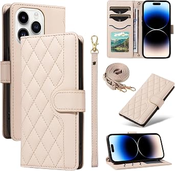 Wallet Case Compatible with iPhone 7 Plus/8 Plus,Luxury Fashion Flip Purse Leather Bag with Card Slots Crossbody Chain Shoulder Strap with Bracket Shockproof Protector Beige