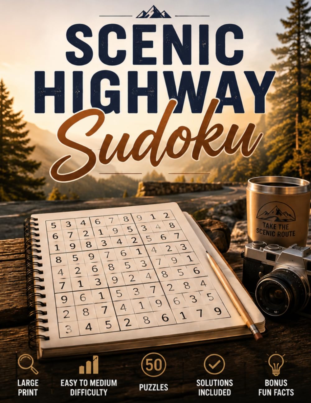 Scenic Highway Sudoku: Large Print Easy to Medium Sudoku Puzzles with Beautiful Road Trip Facts for Travel Relaxation and Scenic Adventures (Travel Escape Sudoku Series)