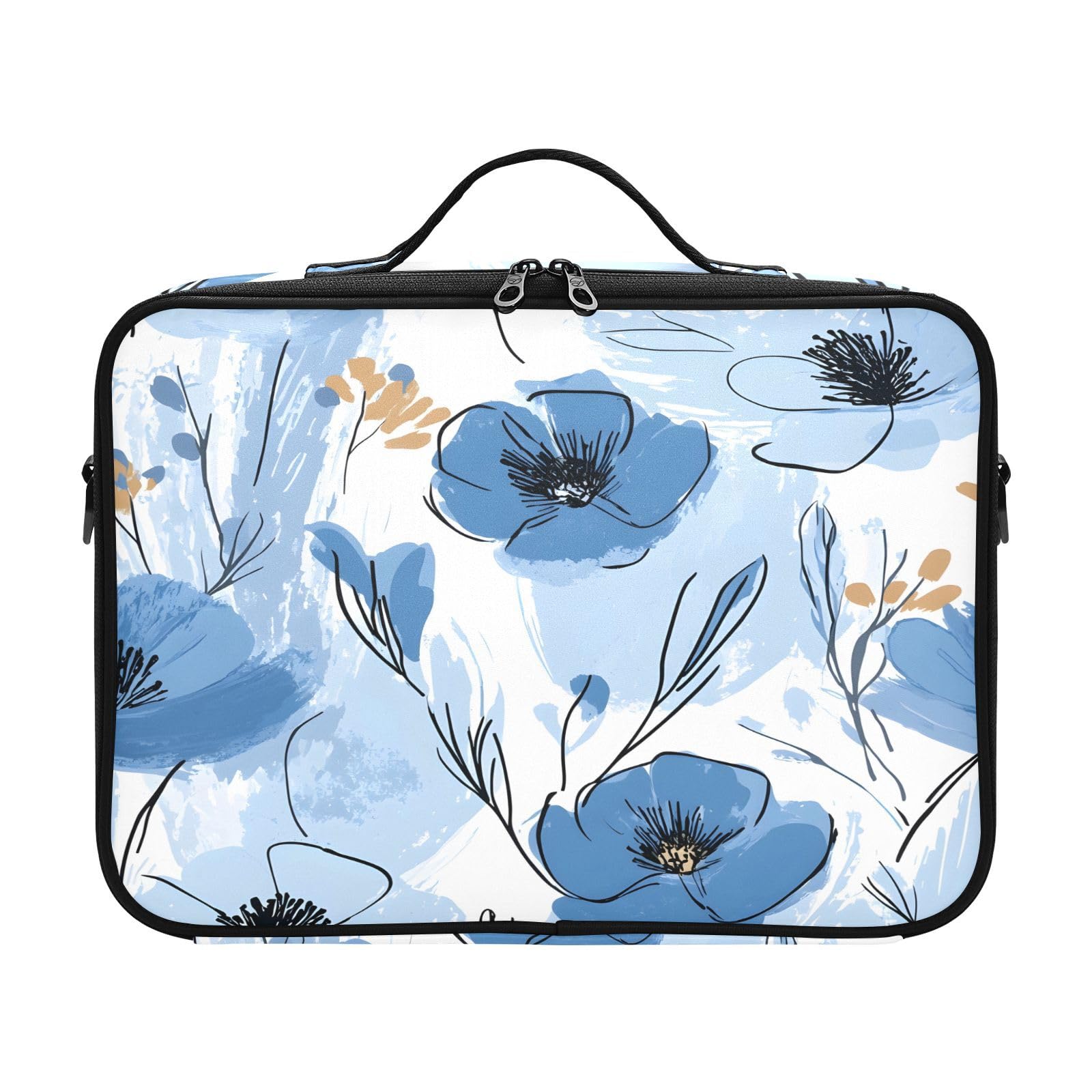 zyrtty Travel Makeup Train Case Watercolor Blue Flowers Pattern Cosmetic Organizer Portable Storage Bag with Adjustable Dividers for Cosmetics Brushes Toiletry Jewelry Digital Accessories