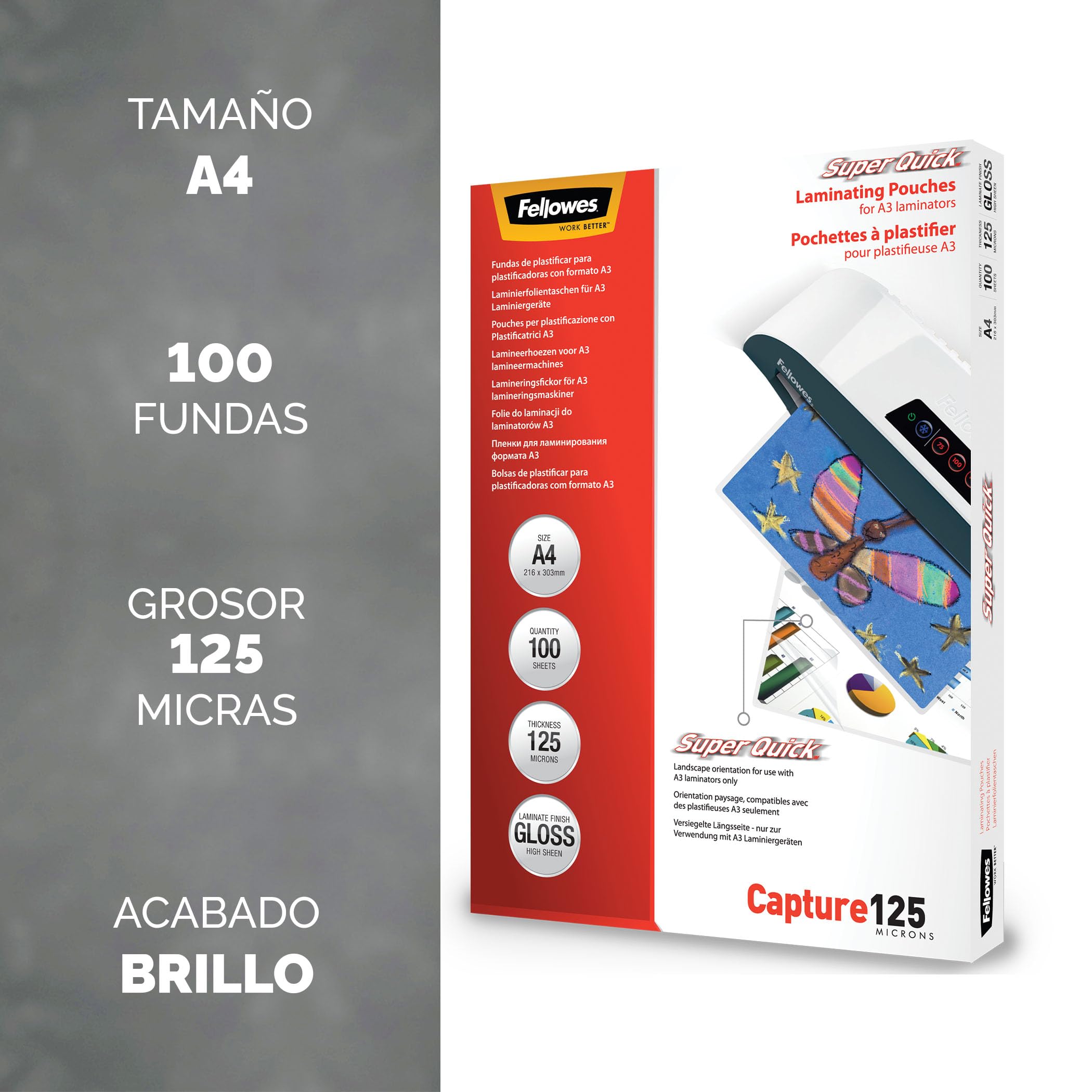 Fellowes 100 fundas de plastificar, Brillo Alta Velocidad, Plata, A4 (Alta velocidad) 125 micras