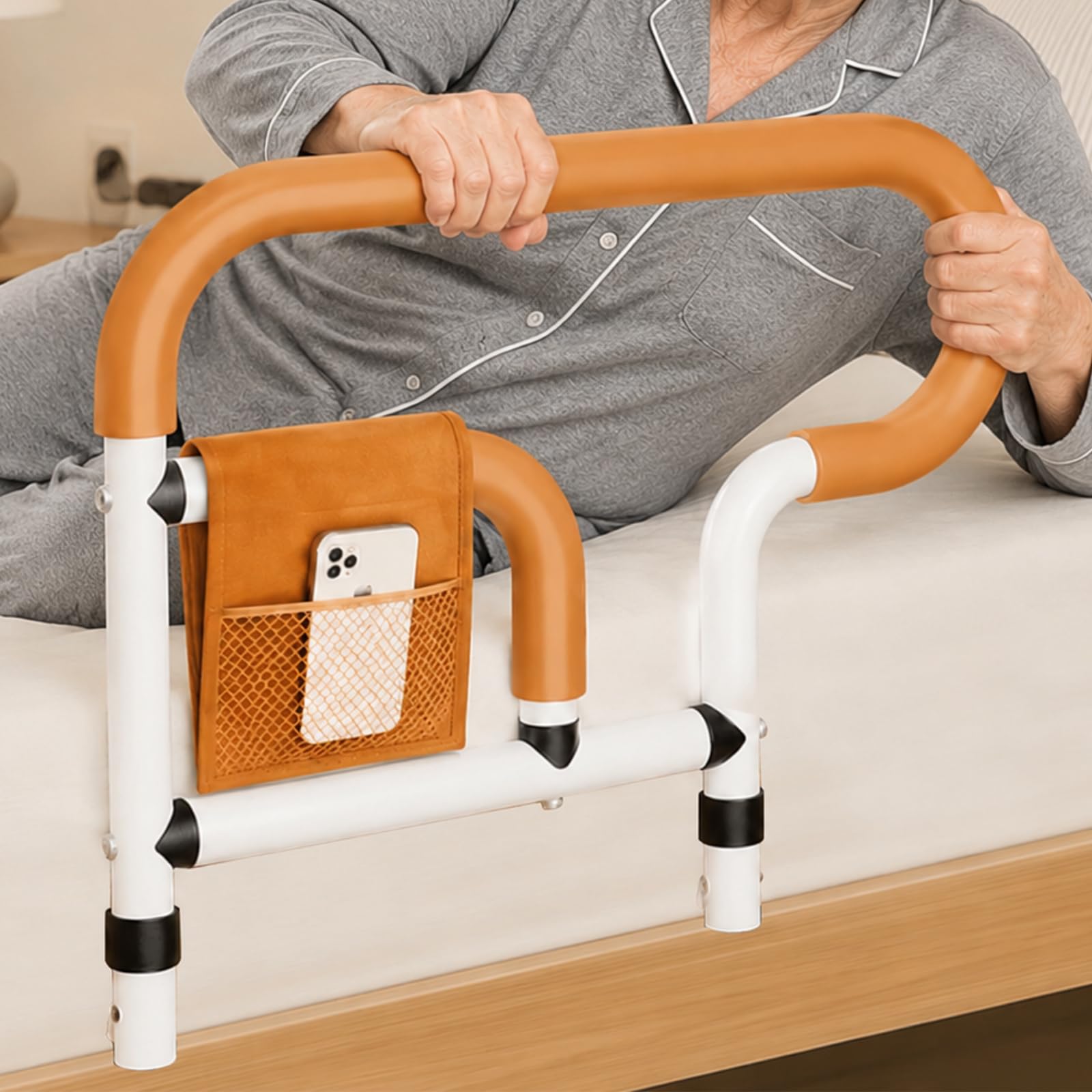 Aufstehhilfe Bett mit Rausfallschutz, Klappbares Bettgitter für Senioren, Höhenverstellbar & Stabiler Rausfallschutz für Boxspringbett, mit Aufbewahrungstasche