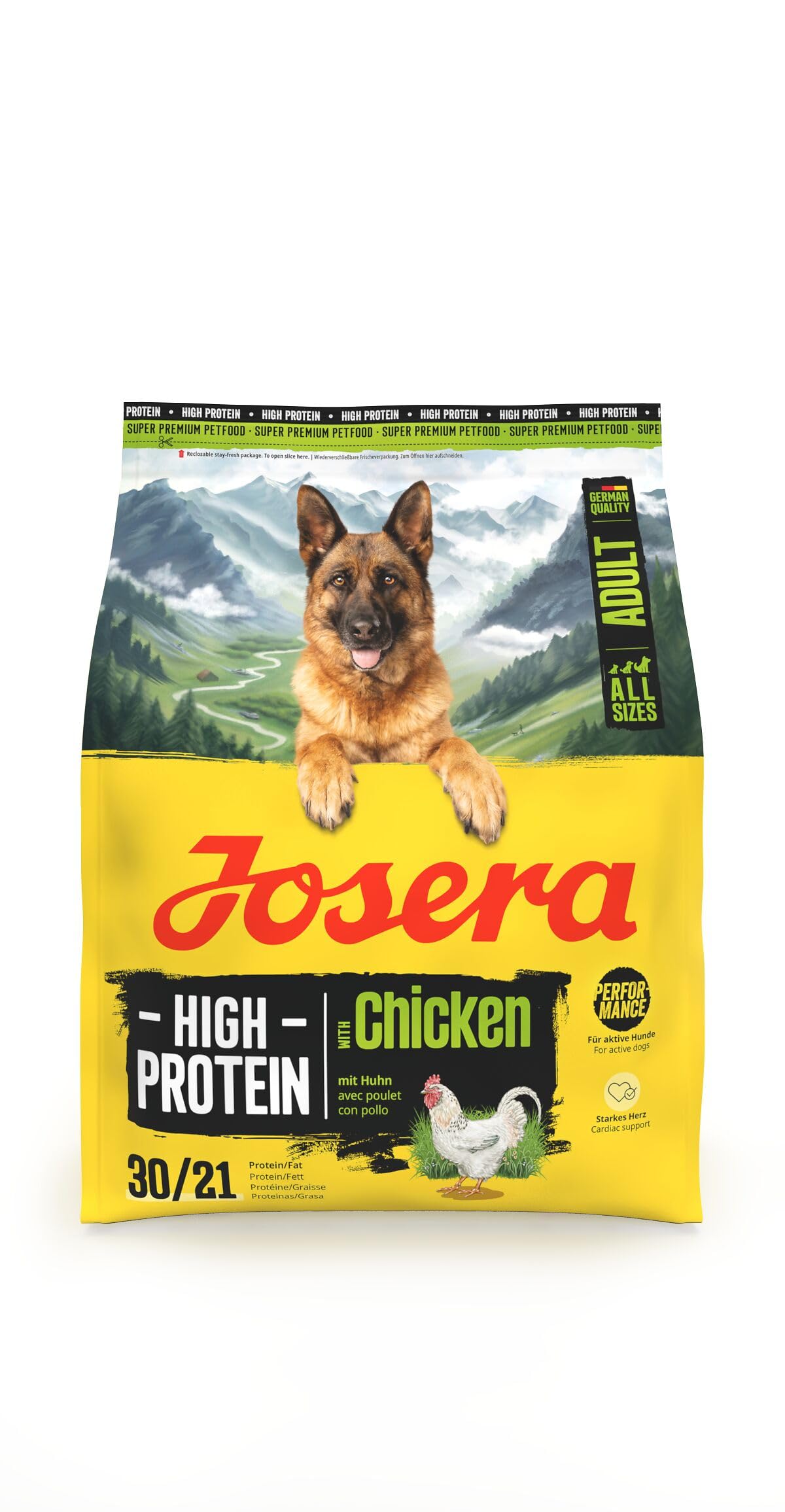 Josera High Protein Adult Chicken complete dog food | Lots of meat | For active working and sporting dogs | Gluten-free | Salmon Oil Omega 3 | 0.9kg