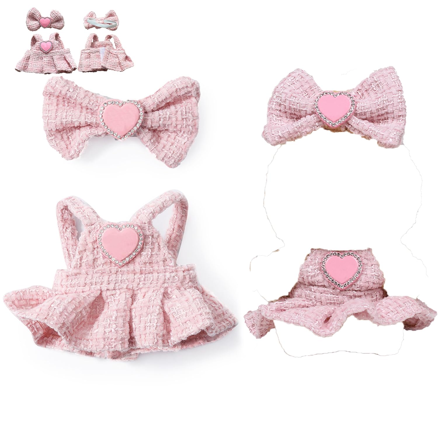 Handmade Doll Clothes for 17cm Plush Pendants - Pink Tweed Dress & Bow Outfit Set, Kawaii Accessories for Cute Monster Art Toys, Fashion Keychain Doll Costume (Doll Not Included)(Style E)