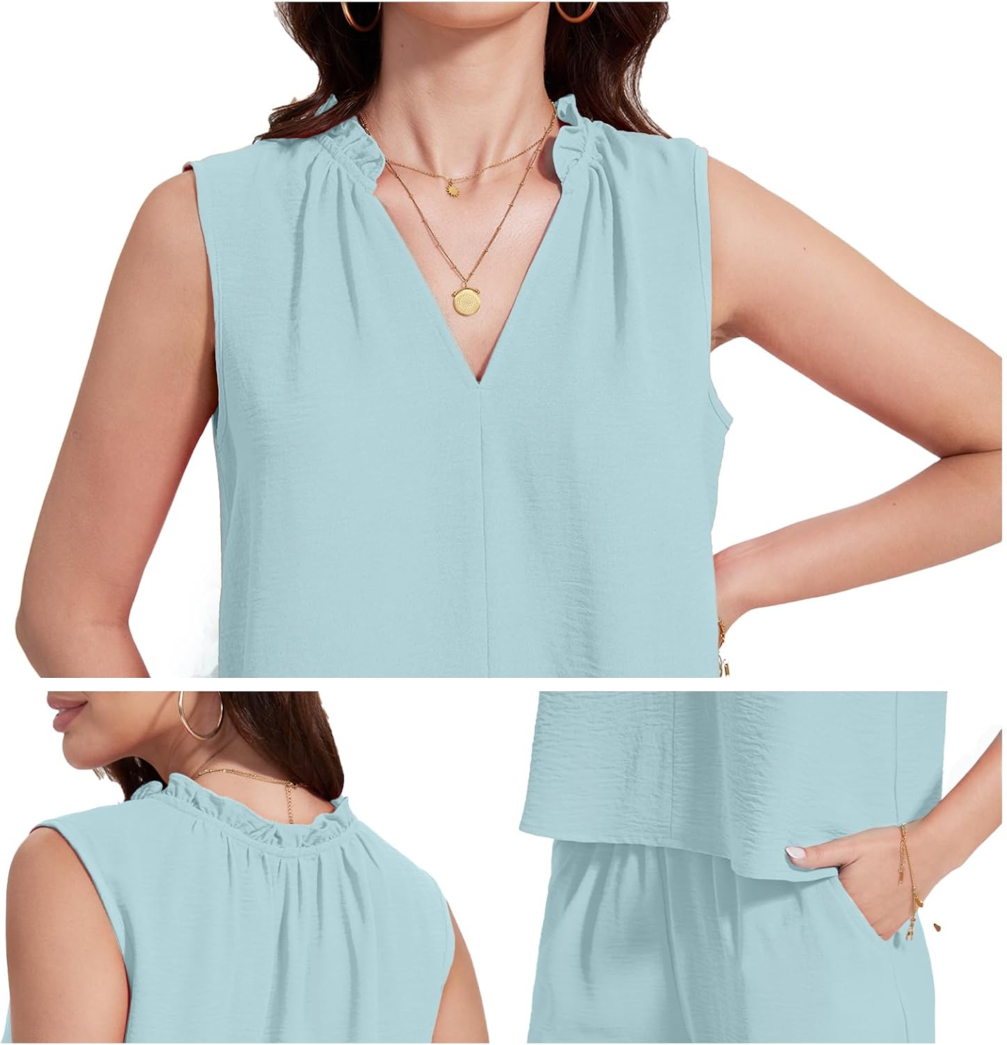 ROYLAMP 2025 Women'S Summer 2 Piece Outfits Sleeveless Ruffled V Neckline Tops High Waisted Pants Sets - Image 6