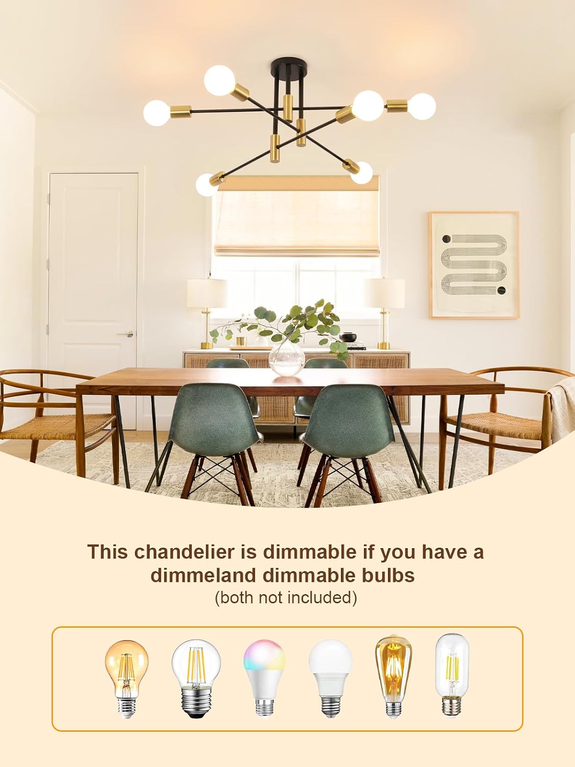 Goeco Modern Sputnik Chandelier, 28 Inch 6-Lights Black and Gold Mid Century Industrial Metal Semi Flush Mount for Dining Room, Bedroom, Living Room, Kitchen