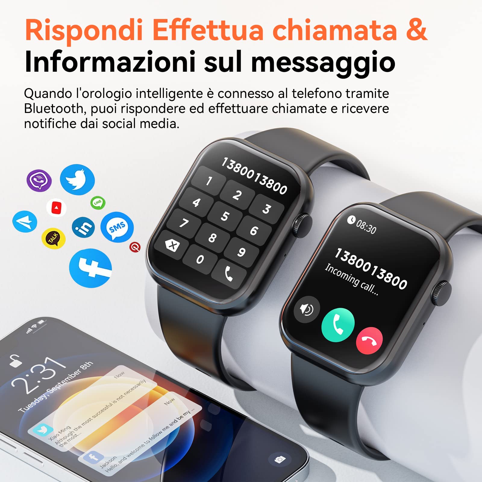 Smartwatch Uomo Donna, 1,85'' Schermo Orologio Smartwatch con Chiamata Bluetooth e Risposta Vivavoce, Smart Watch con Contapassi, Cardiofrequenzimetro da Polso, Orologio Fitness per Android iOS