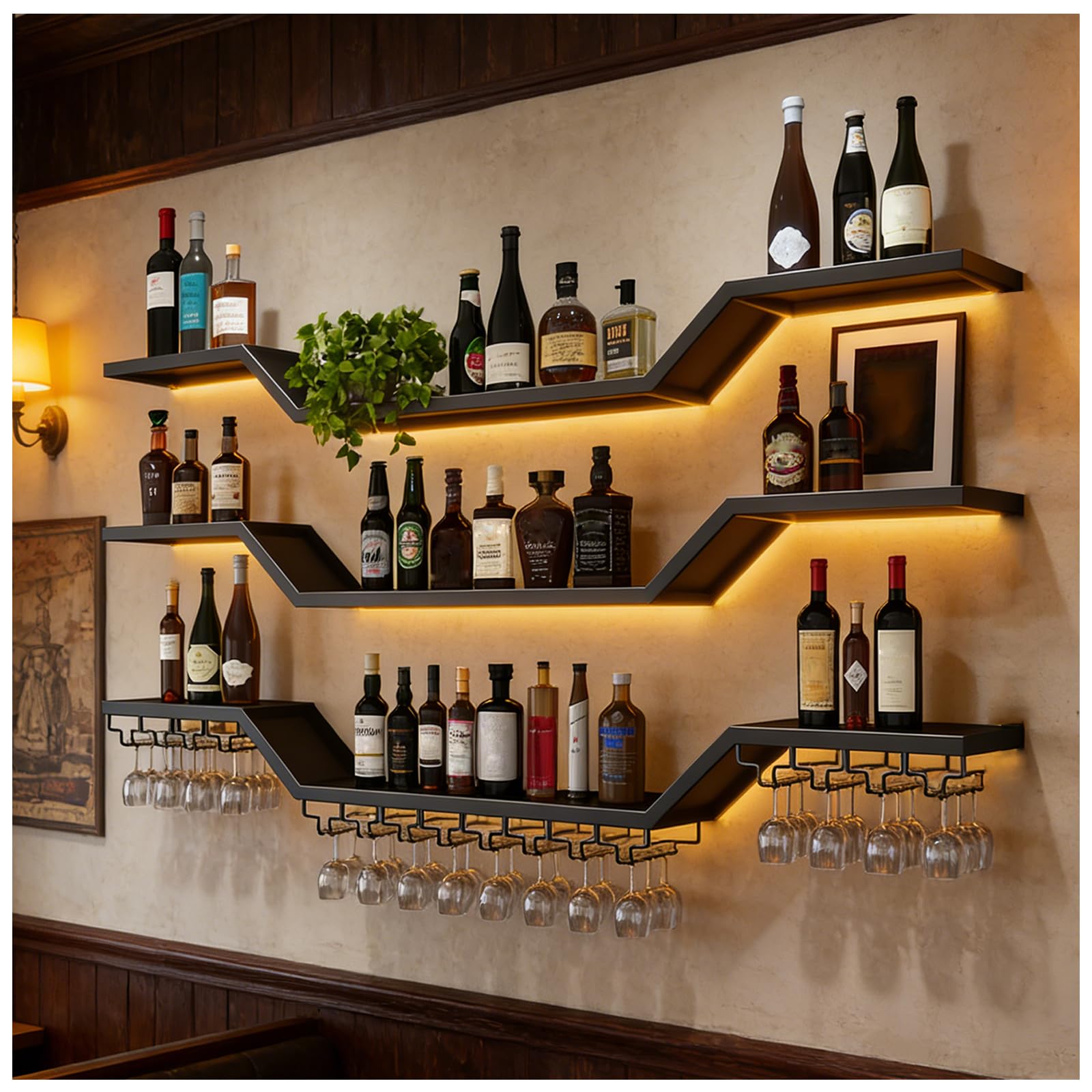 Industrial Metal Vino para con Portavasos, Grande Botellero de Pared de Metal con luz LED, 3 Niveles Flotante para Vino exhibición, de hogar Restaurante Bares (Negro, 200cm)