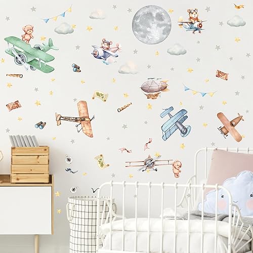 Miniatura 2 de Calcomanías de pared vintage de avión, caricaturas, globos de animales, luna, estrella, nube, tela, calcomanías de pared, lindas calcomanías de