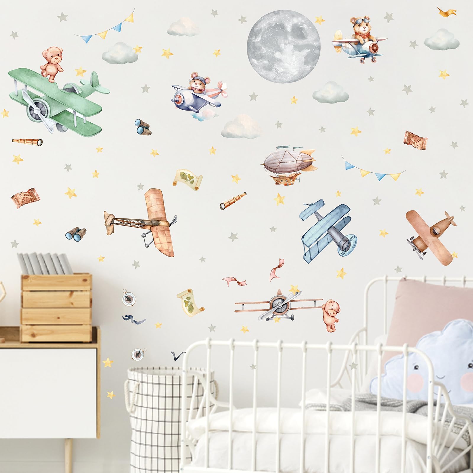 Autocollants muraux vintage en forme d'avion, avion, ballon, animal, lune, étoile, nuage, autocollants muraux en tissu pour chambre de garçon, chambre d'enfant, chambre d'enfant