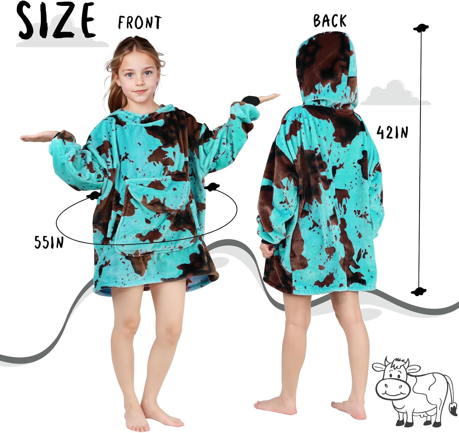 Wearable Blanket Hoodie Kids Blue Cow Print Sweatshirt With Giant Pocket - Warm Cozy Hooded Blanket for 6-10 Year Old Girl Boy Birthday Gifts - Image 2