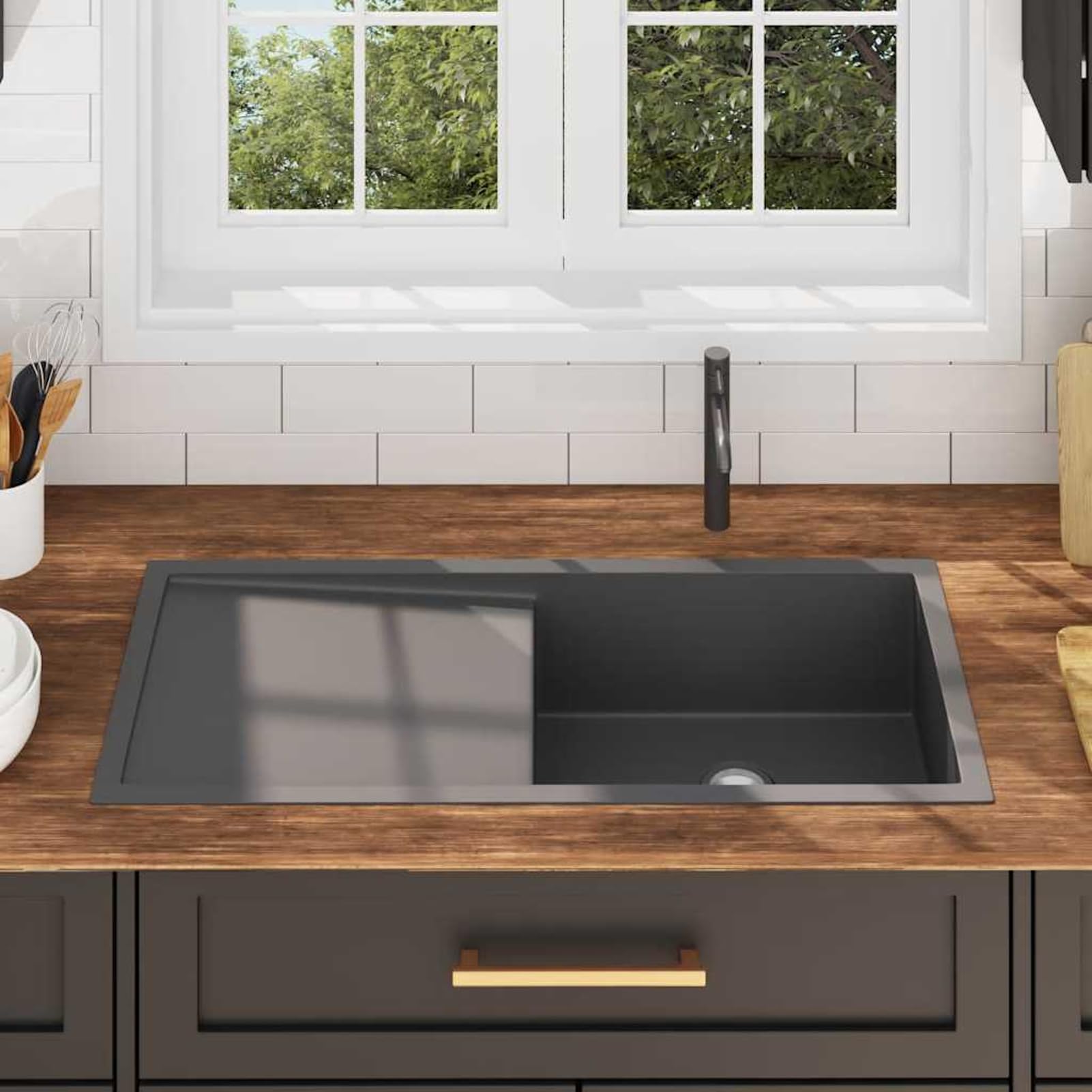 Fasba Fregadero de Acero Inoxidable con Escurridor y Diseño Moderno - Negro - 100 x 44 x 20 cm