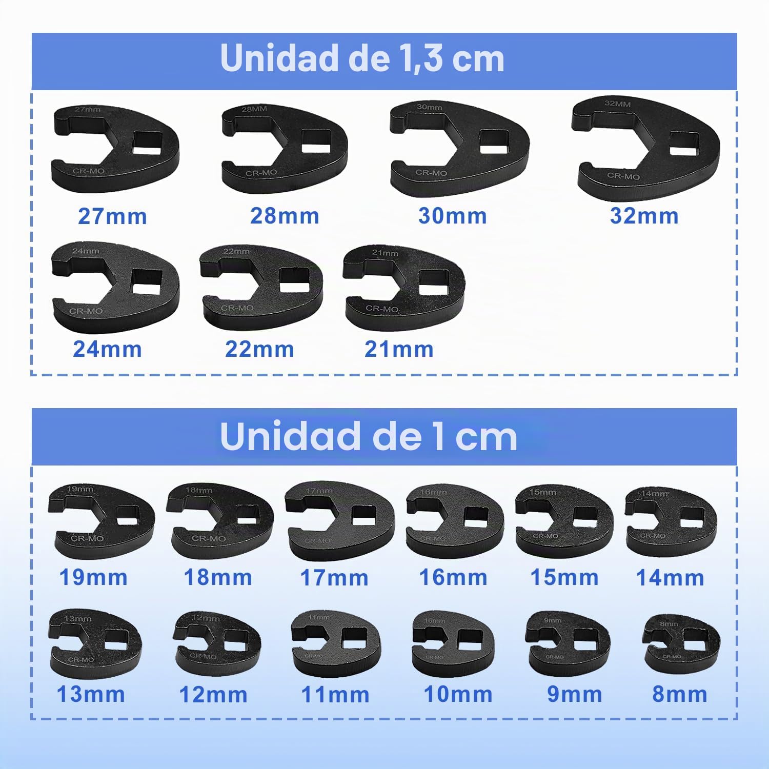Juego de Llaves Crowfoot (Pata de Gallo) de 8 a 32mm, Mandos de 3/8" y 1/2", para Espacios Reducidos, Coches y Motos, Llaves para Tuercas Abocinadas, Llave Boca Hexagonal Abierta