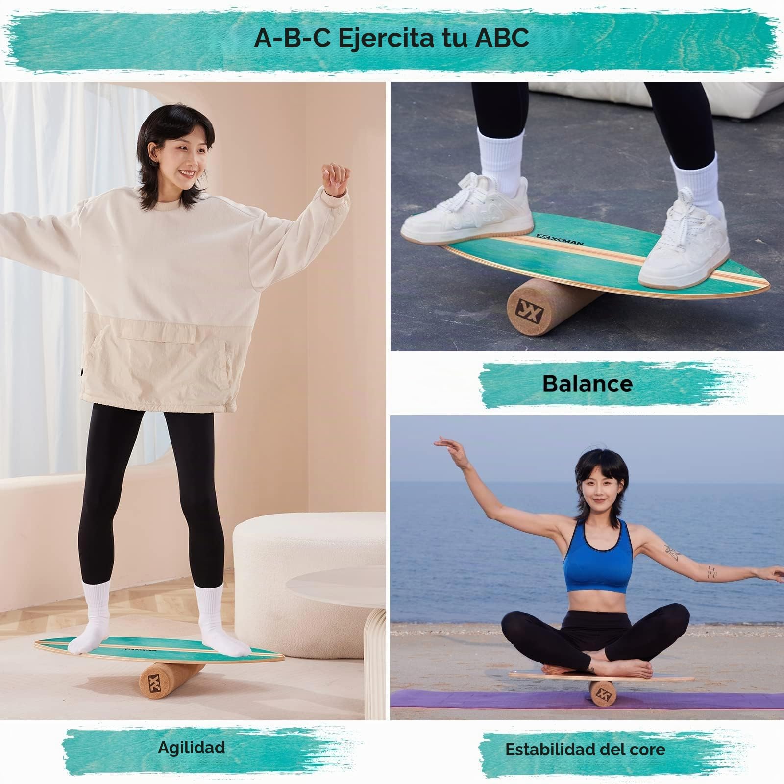 XCMAN Tabla de equilibrio de surf con rodillo de madera para ejercicios de equilibrio y estabilidad, superficie antideslizante para adultos y niños, tabla de equilibrio para surf, snowboard, patineta