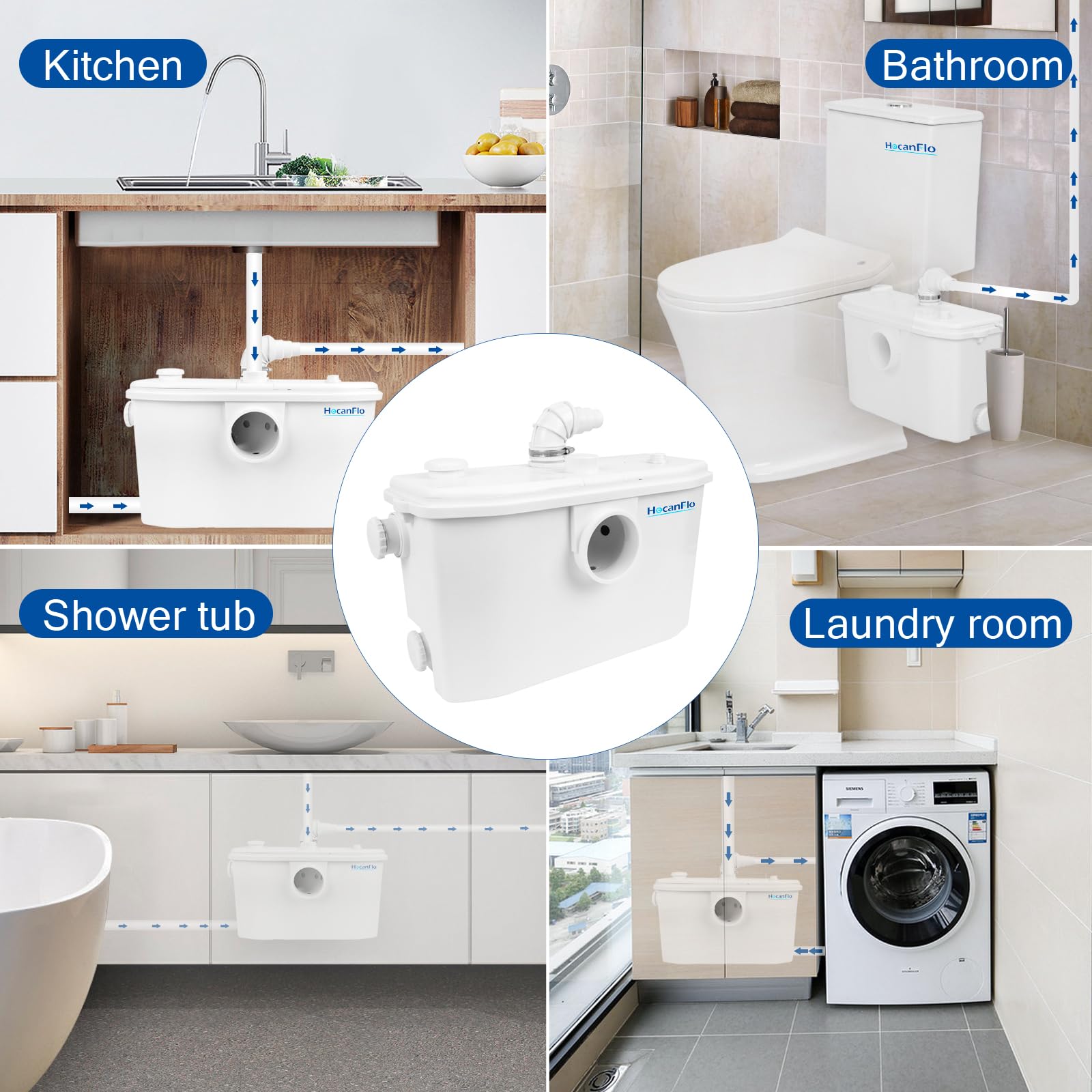 Bomba de agua FLO750W Schmutzwasser Fäkalien Hebeanlage Kleinhebeanlage für WC Toiletten, Dusche, Waschbecken, Waschmaschine, Spülmaschinen, Abnehmbare inspektionsplatte 4 Eingänge, 2 Ausgänge