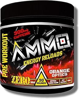 AMMO Â® Energy Reloadsâ„¢ Pre Workout Powder - 300mg Caffeine Zero Sugar Vital Aminos and Electrolytes No Artificial Flavors or Colors (Orange Optics)