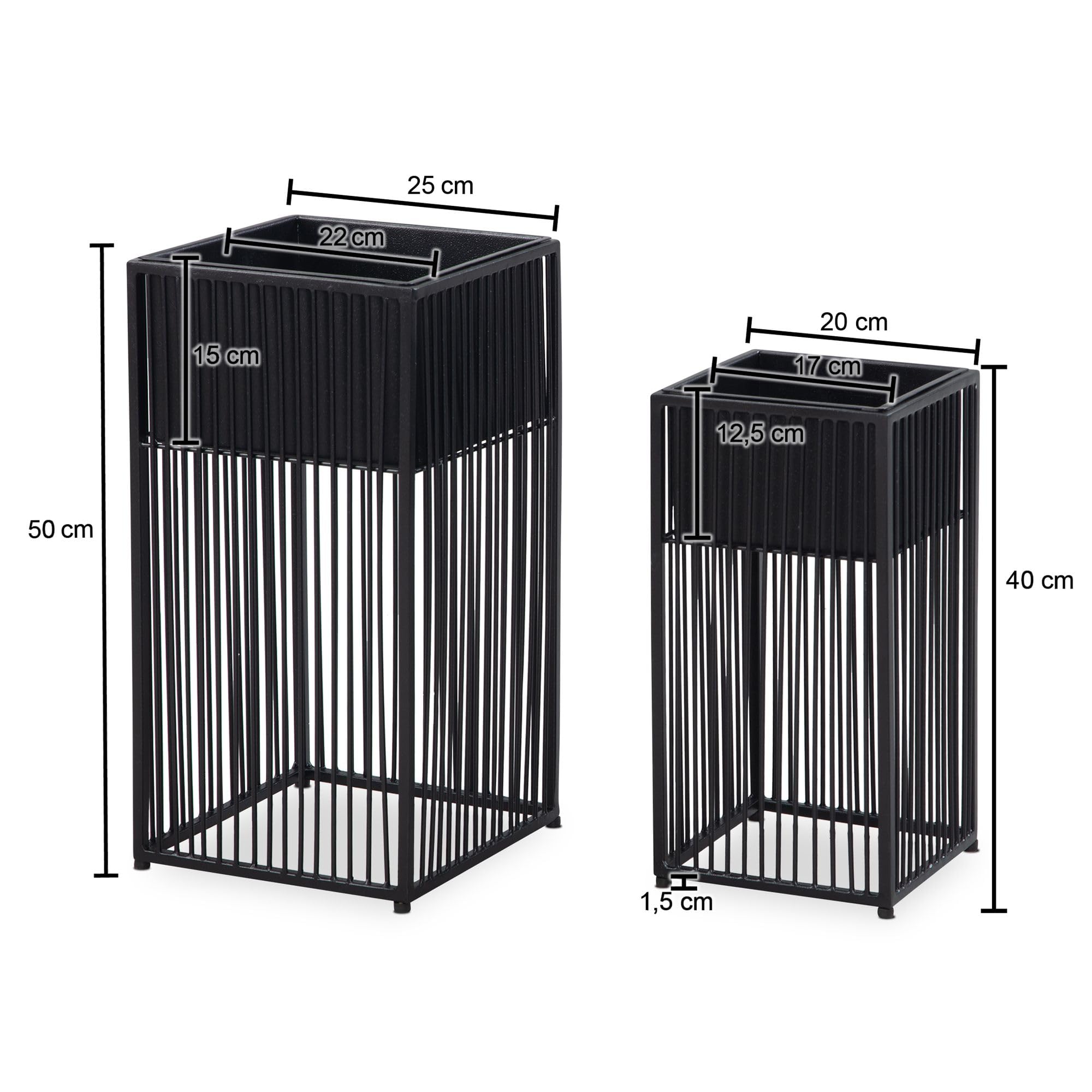 FineBuy Blumentopf 2er Set Metall Schwarz mit Gestell, Quadratisch