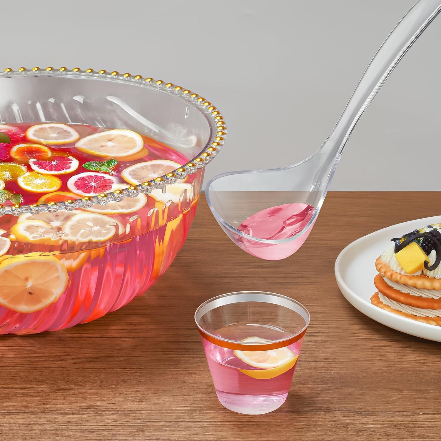 NiHome Large Plastic Punch Bowl with Ladle and 25 Gold-Rimmed Cups for Wedding, Birthday, BBQ, Baby Shower, Holiday, 1.7 Gallon Reusable Clear Party Bowl Set for Drinks, Salads, Snacks & More - Image 4
