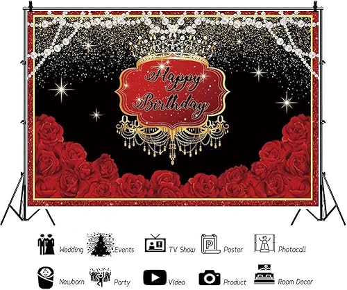 Miniatura 3 de shensu Telón de fondo de fotografía de vinilo de 9 x 6 pies, rosas rojas, manchas doradas, perlas, lujoso fondo de fotos, para mujeres y hombres,