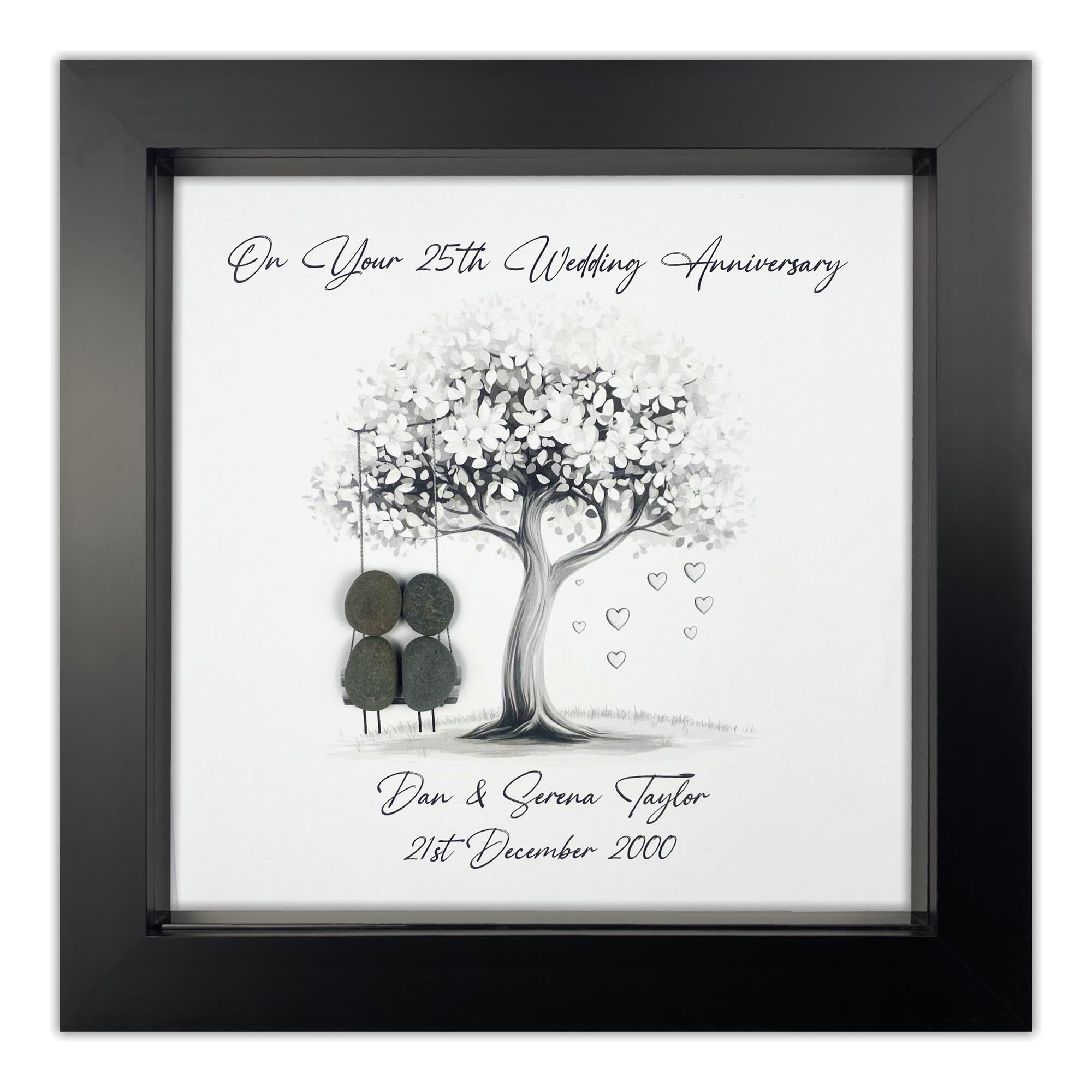 Handmade Personalised 25th Wedding Anniversary Pebble Art Gift, Silver Anniversary Pebble Picture Keepsake, Mr & Mrs Gift, Present for Couple on Swing (Black Frame)