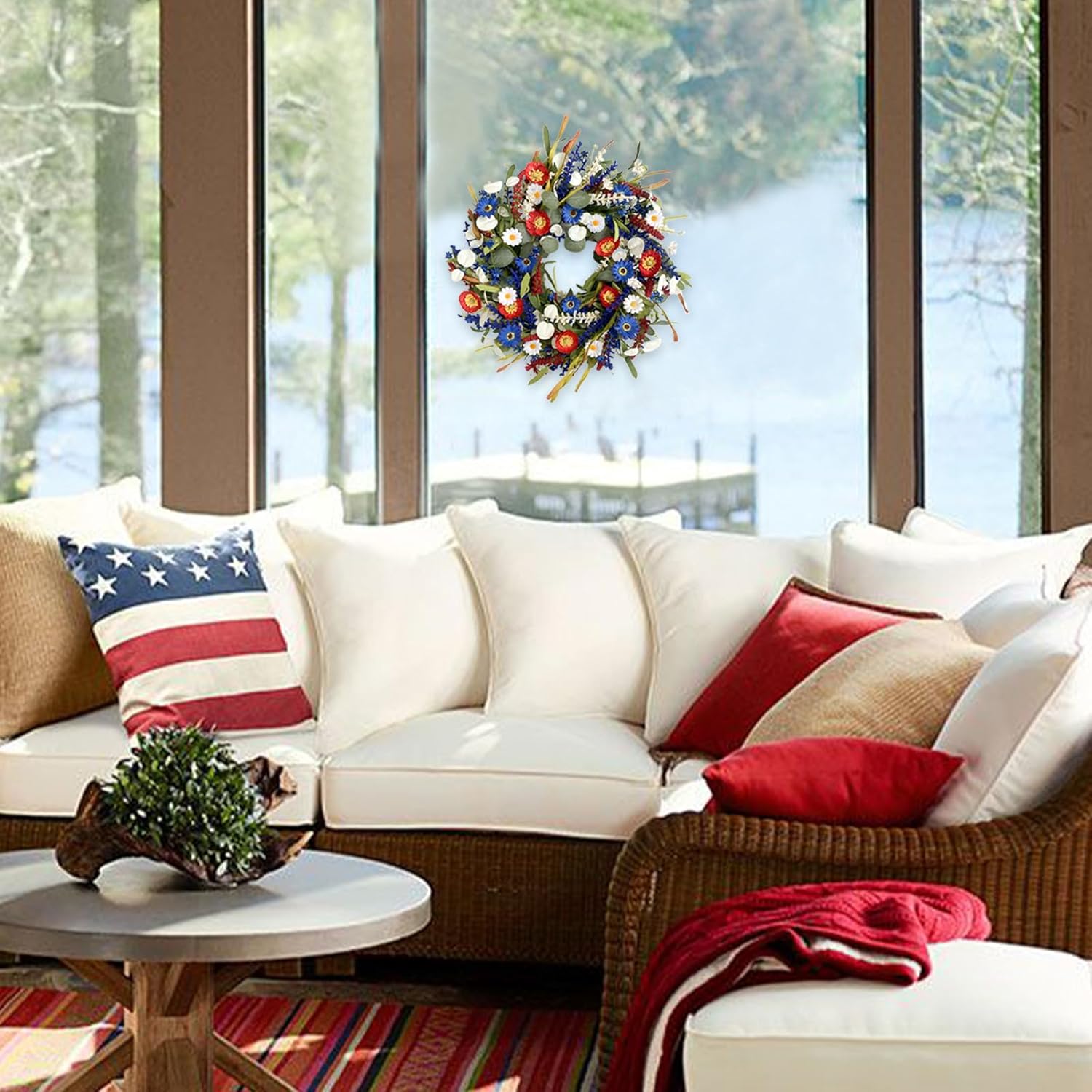 TEMPUS 20 Inch Patriotic Wreath for Front Door - Independence Day Red White Blue Daisy Grass Leaf Wreath, Memorial Day Flag Day Veterans Day Decoration, Spring Summer Outdoor Home Decor