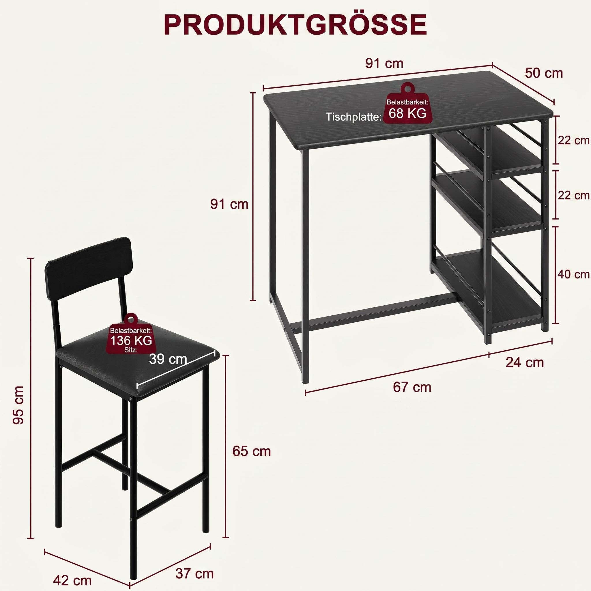 Bartisch mit Barhocker Set, 3-Teilig Kleiner Esstisch mit 2 Gepolsterten Stühlen & 3 Ablagen für Küche, Esszimmer, Bartisch mit 2 Stühlen für Kleine Räume