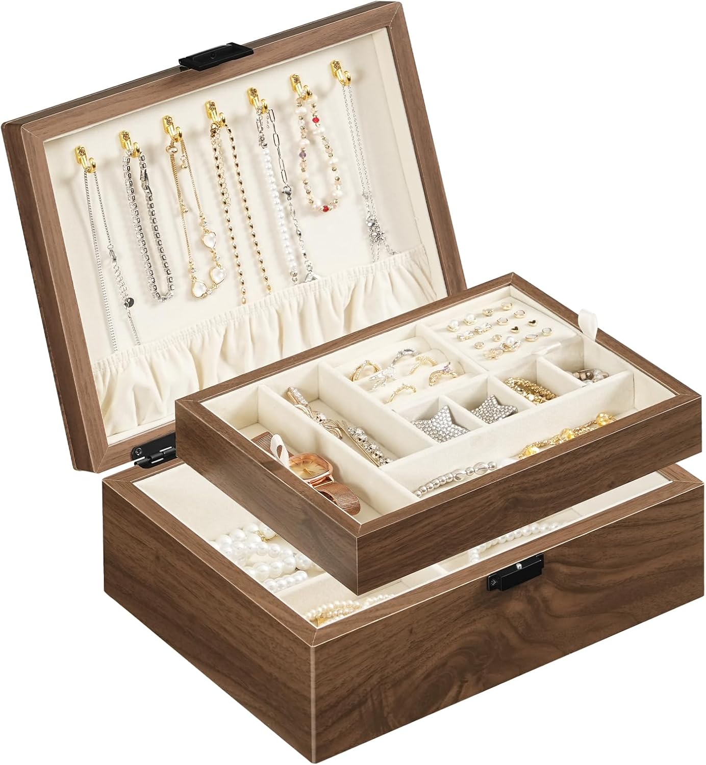 HOOBRO Wooden Jewelry Box for Women Girls, 2-Tier Jewelry Organizer with Removable Tray, Jewelry Storage Case with Clasp, for Necklace, Ring, Bracelet, Watch, Walnut BH29JB04