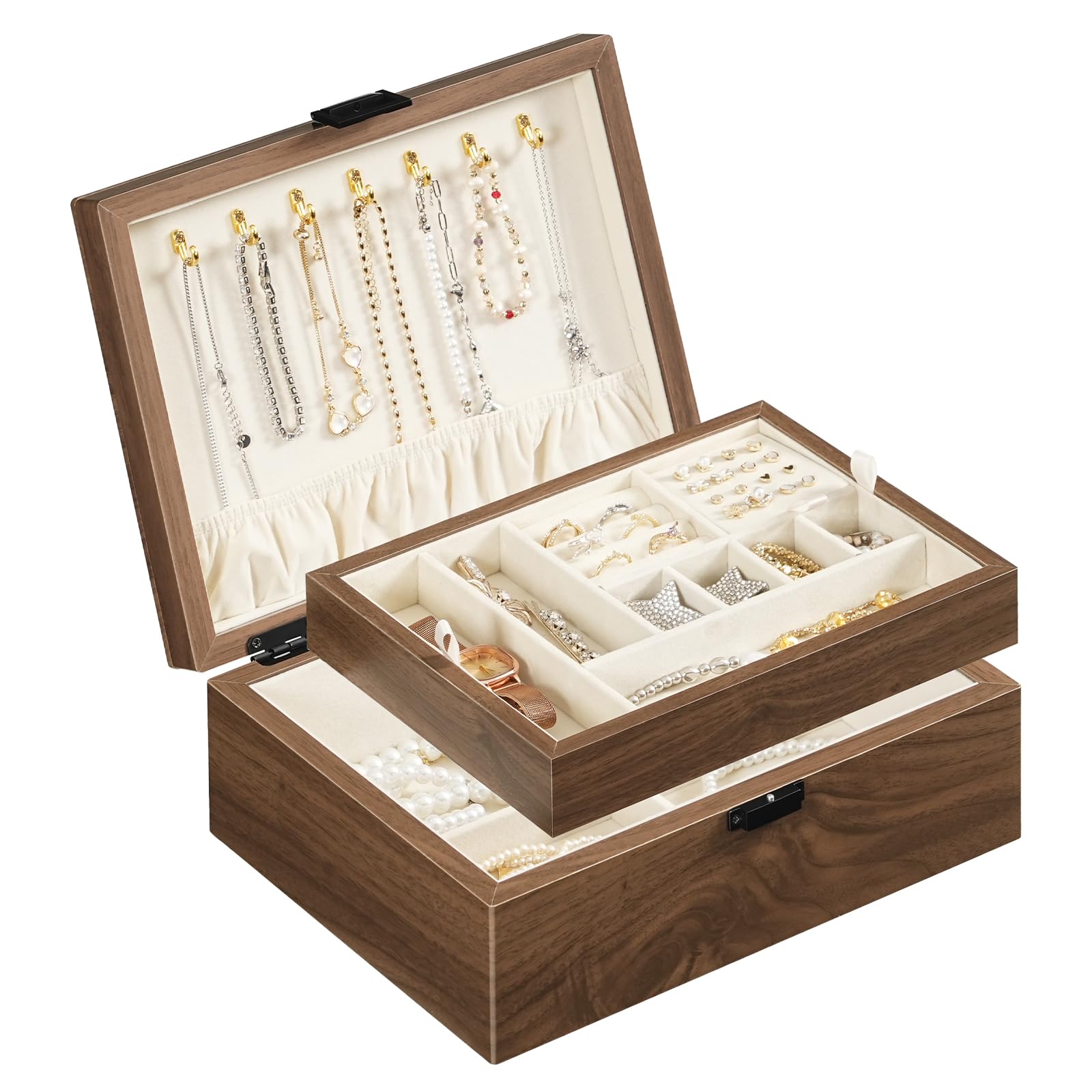HOOBRO Wooden Jewelry Box for Women Girls 2-Tier Jewelry Organizer with Removable Tray Jewelry Storage Case with Clasp