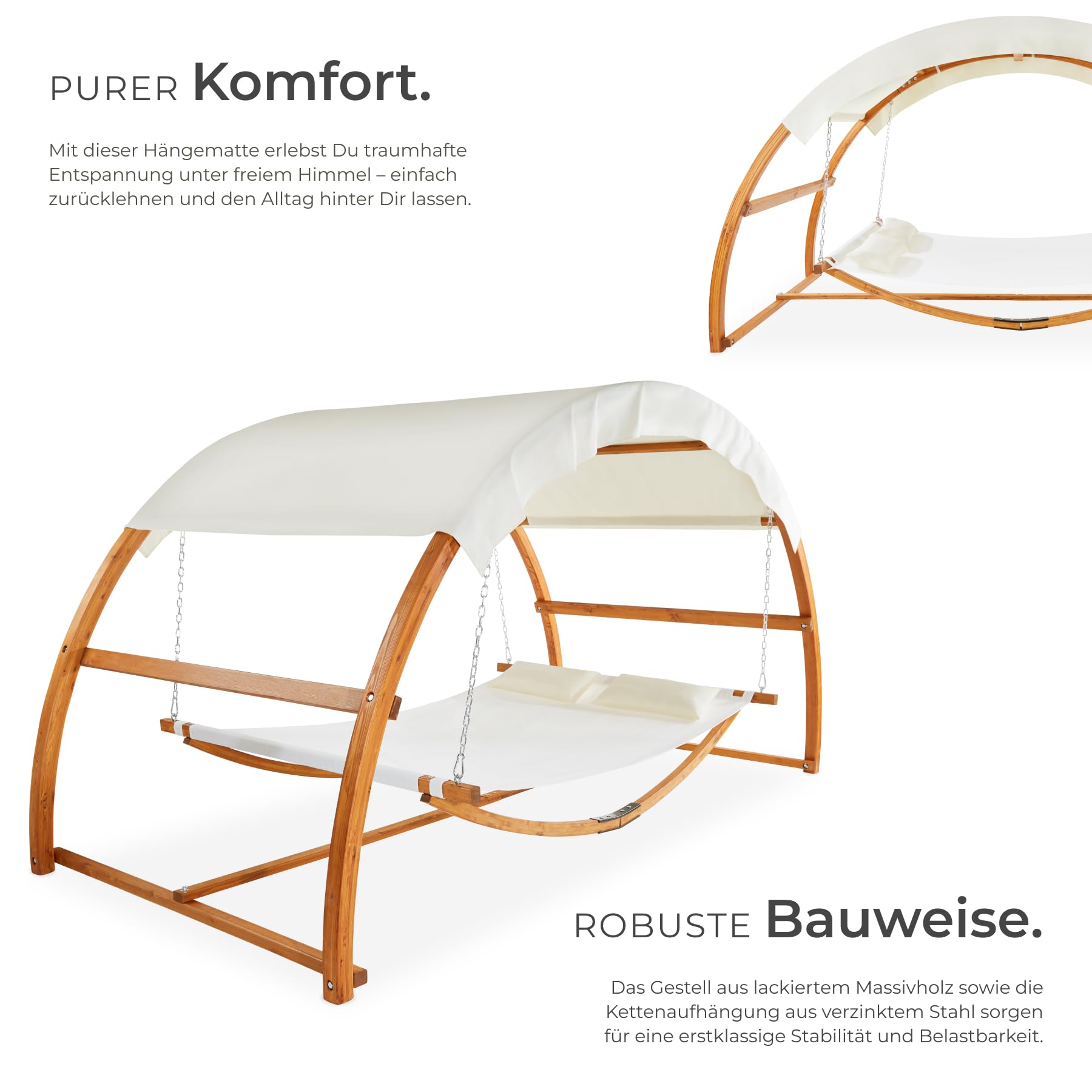 tectake® Doppel Hängematte mit Gestell, 328 x 160 x 172 cm, Hängematte mit Dach für 2 Personen, Belastbarkeit 250 kg, Doppel Sonnenliege, Sonnenliege Holz, Gartenliege Holz, wetterfest, inkl. 2 Kissen