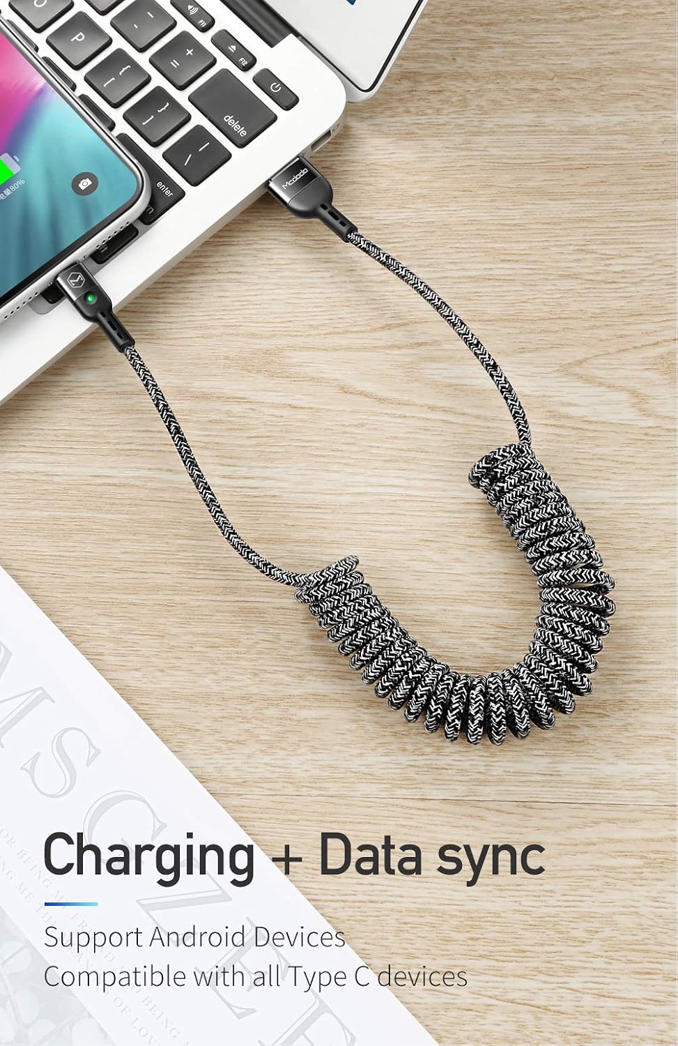 [Type-C] Anti Winding Cable, Mcdodo Quick Charge QC 4.0 USB C Charging Data Coiled Cable Nylon Braided LED Compatible with Samsung Galaxy S20 S10 S9 S8 Plus Note10 LG Google Pixel and More(Black, 6FT)
