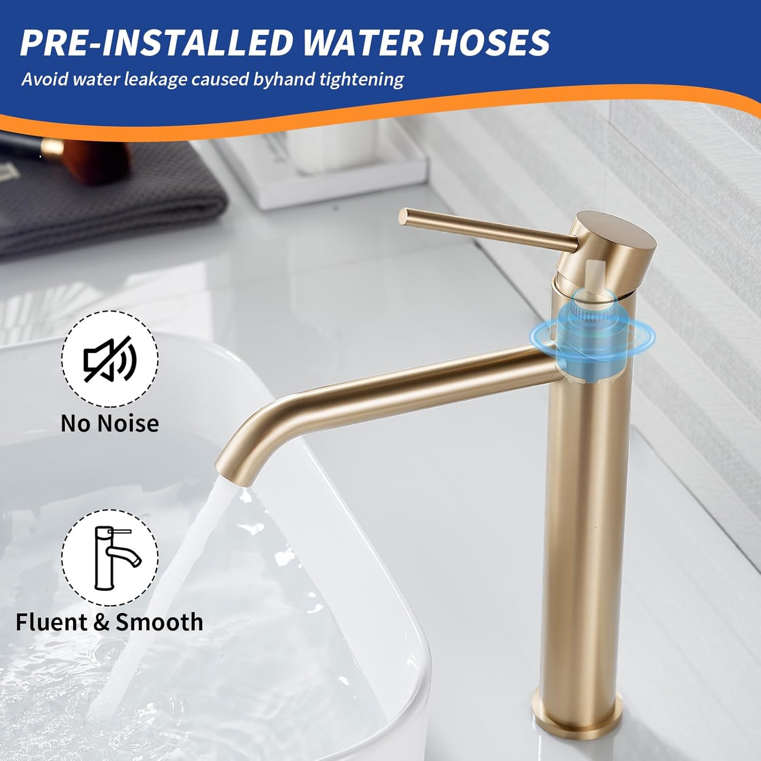 Bathroom Vessel Faucet One Hole Brushed Gold, 11.14 inch Tall Single Handle Bwol Sink Faucet Stainless Steel with Pop Up Drain Lavatory Mixer Tap Water Supply Hose Guest Bath Kit Luxury Stylish