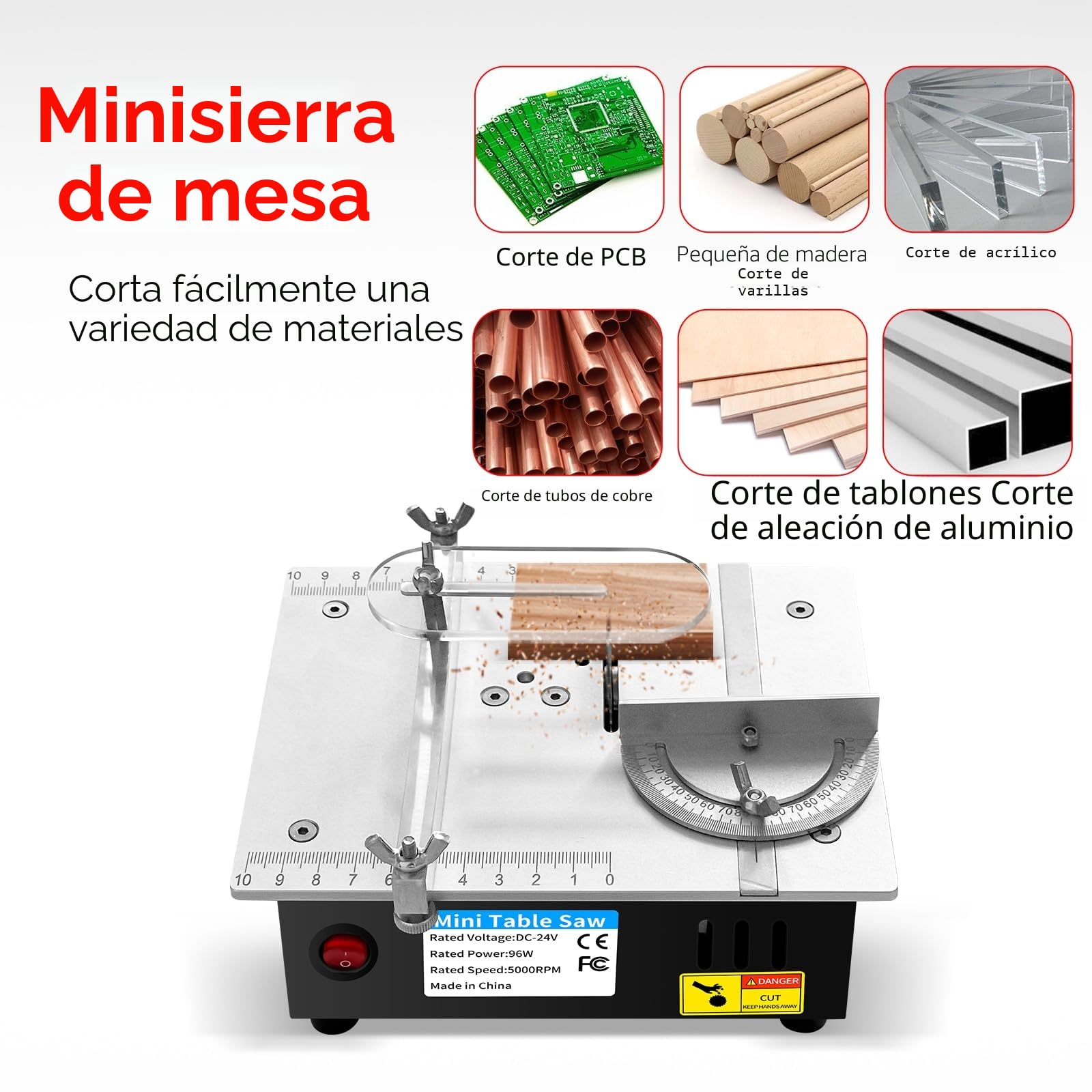 Minisierra de mesa eléctrica, 5000 rpm, sierra de mesa con fuente de alimentación de 7 velocidades, sierra de cinta de mesa para madera/PCB/metal, bricolaje y modelismo (A)