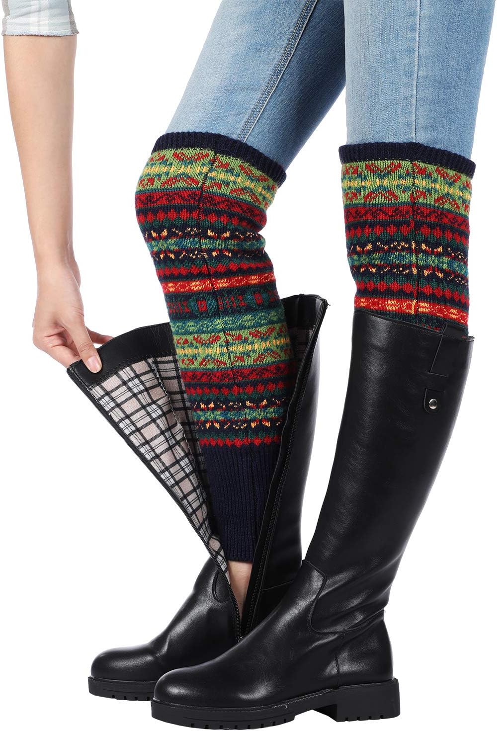 SATINIOR 2 Pairs Leg Warmers for Women Wool Leg Warmers Bohemian Winter Long Knit Boot Cuffs Socks for Women(Khaki, Navy Blue) - Image 7